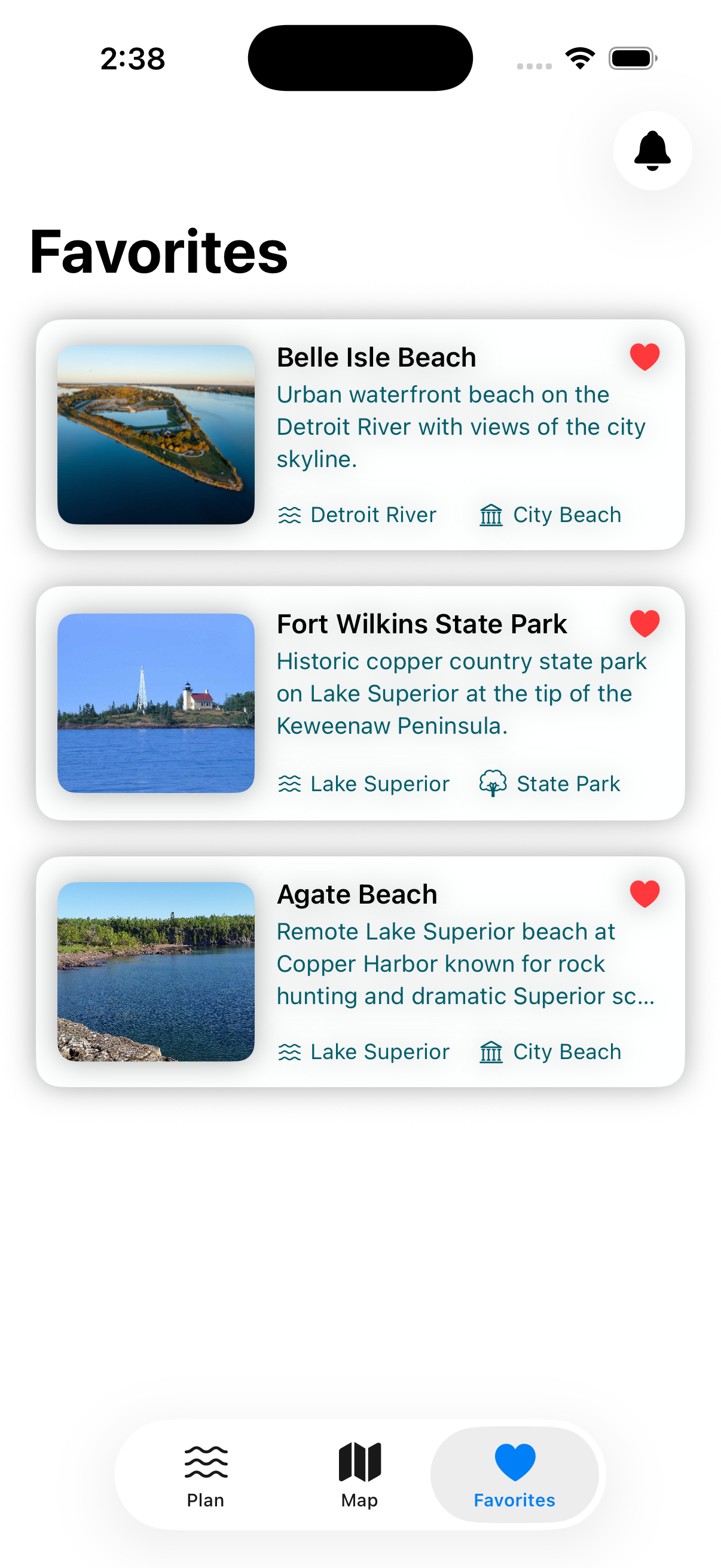 CoastCast favorites screen