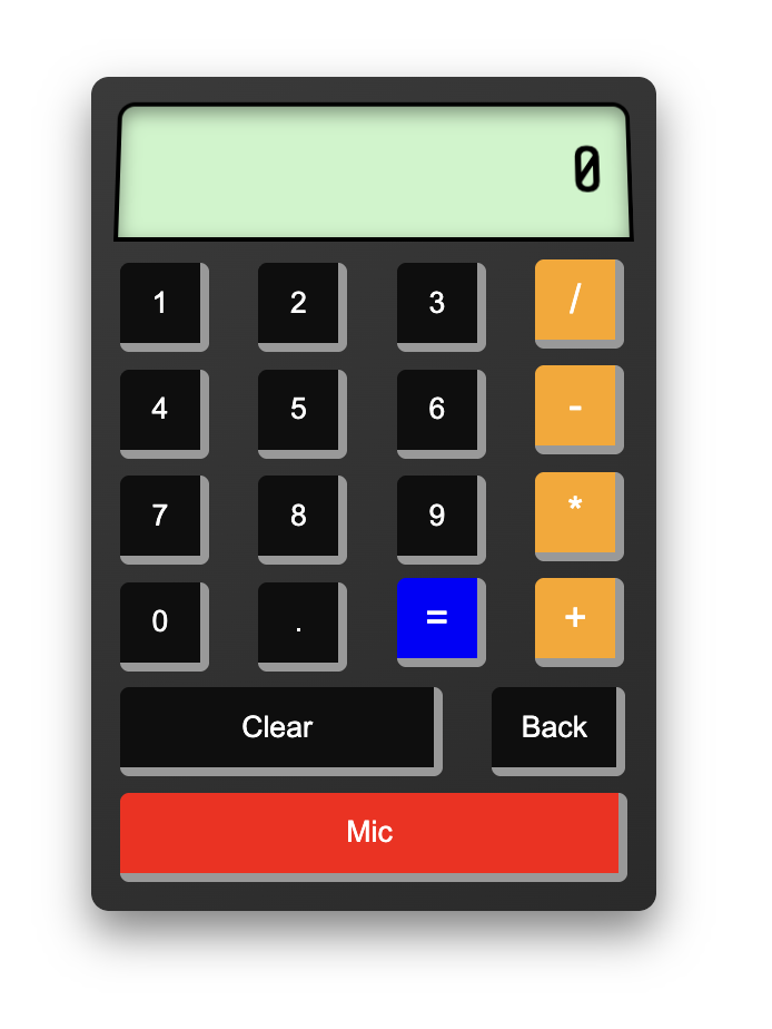 JavaScript Calculator screenshot showing the green LCD display, dark keypad, orange operator buttons, blue equals button, and red mic button