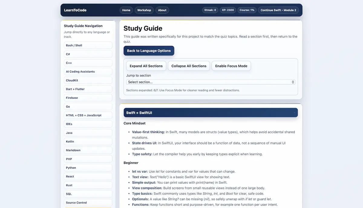 LearnToCode Study Guide navigation