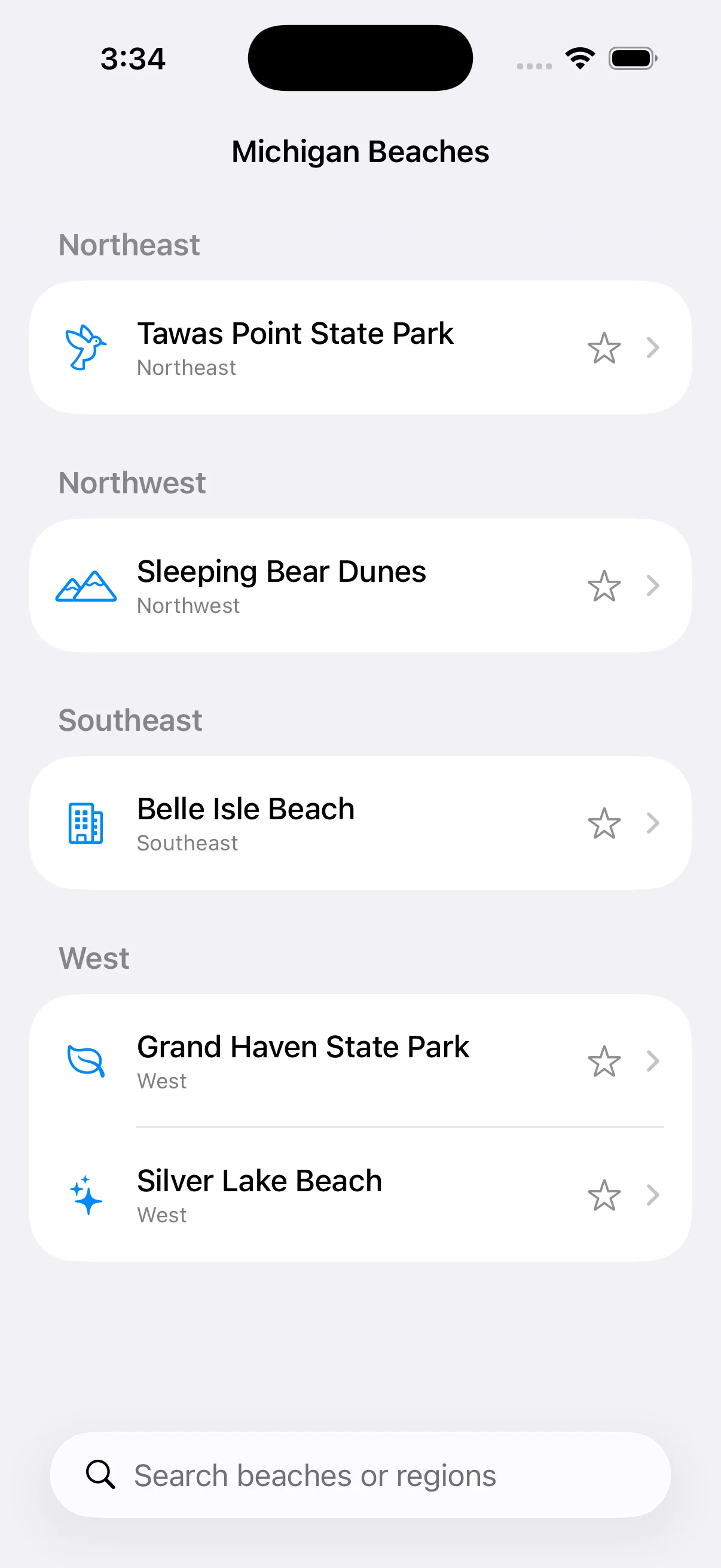 CoastCast beach list view