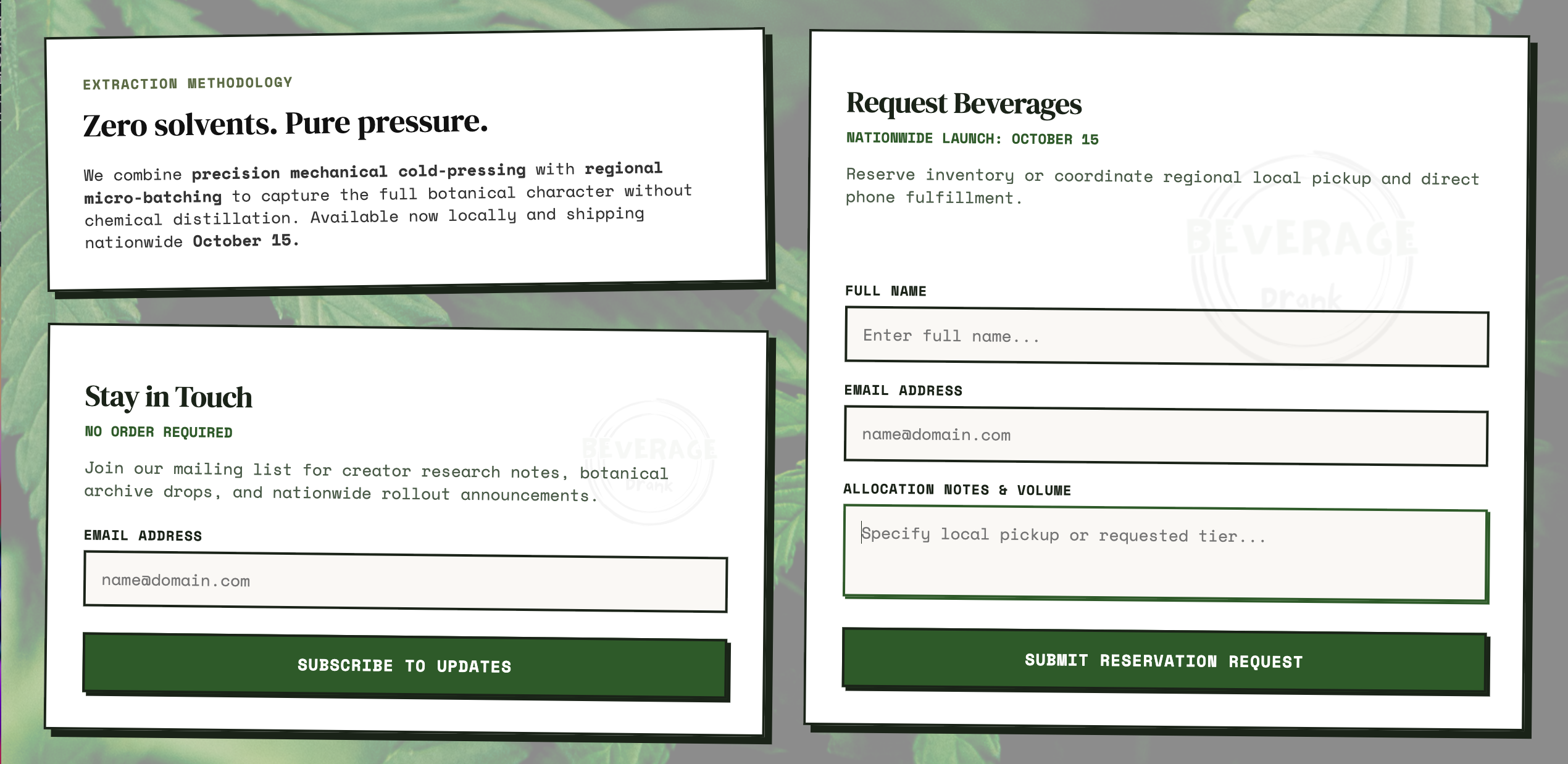 Dual form layout - newsletter and wholesale allocation side by side, with branded watermark background