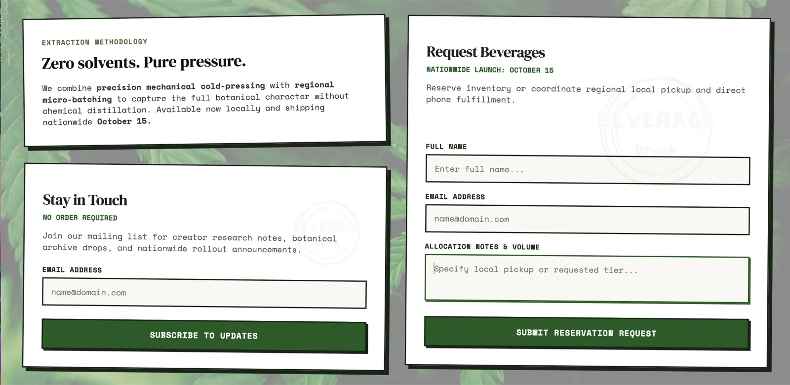 Dual form layout - newsletter and wholesale allocation side by side, with branded watermark background