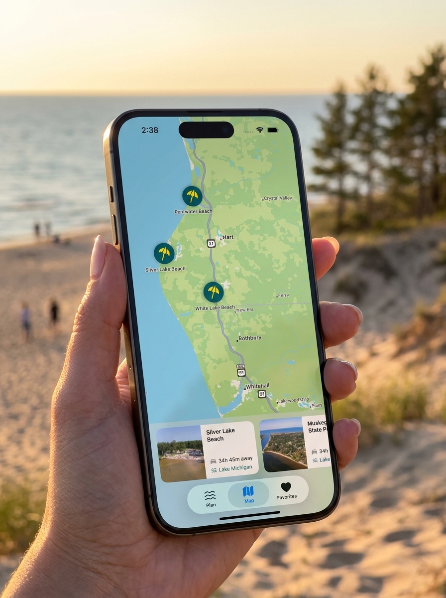 CoastCast on iPhone at a Lake Michigan beach