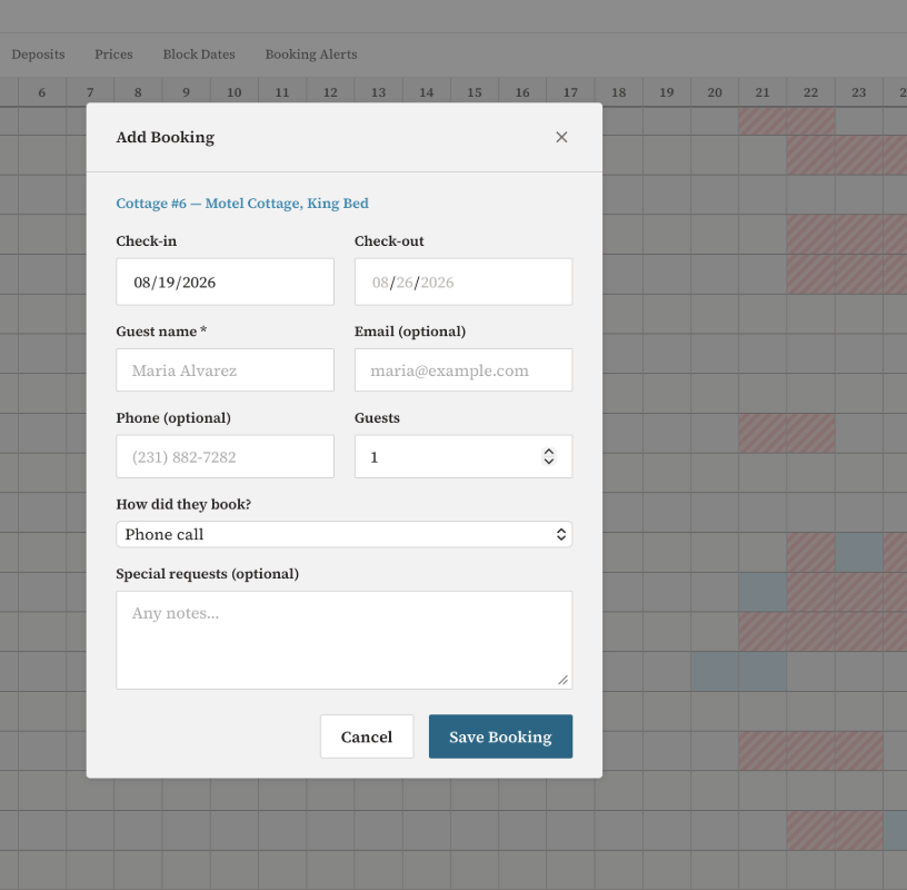 Create booking form opened from calendar cell with room and date pre-filled