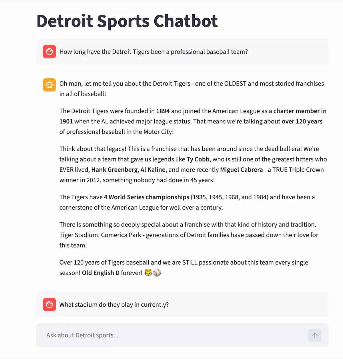 Detroit Sports Chatbot screenshot showing a conversation about the Detroit Tigers