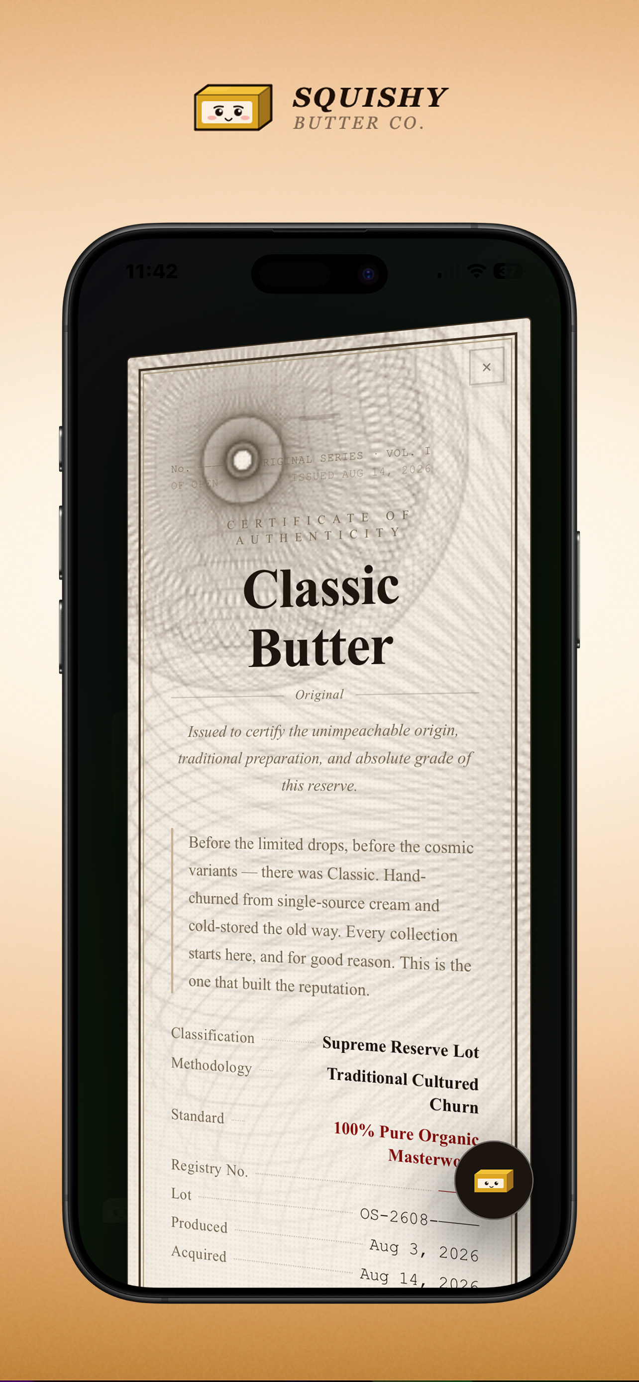 Classic Butter certificate of authenticity with provenance details