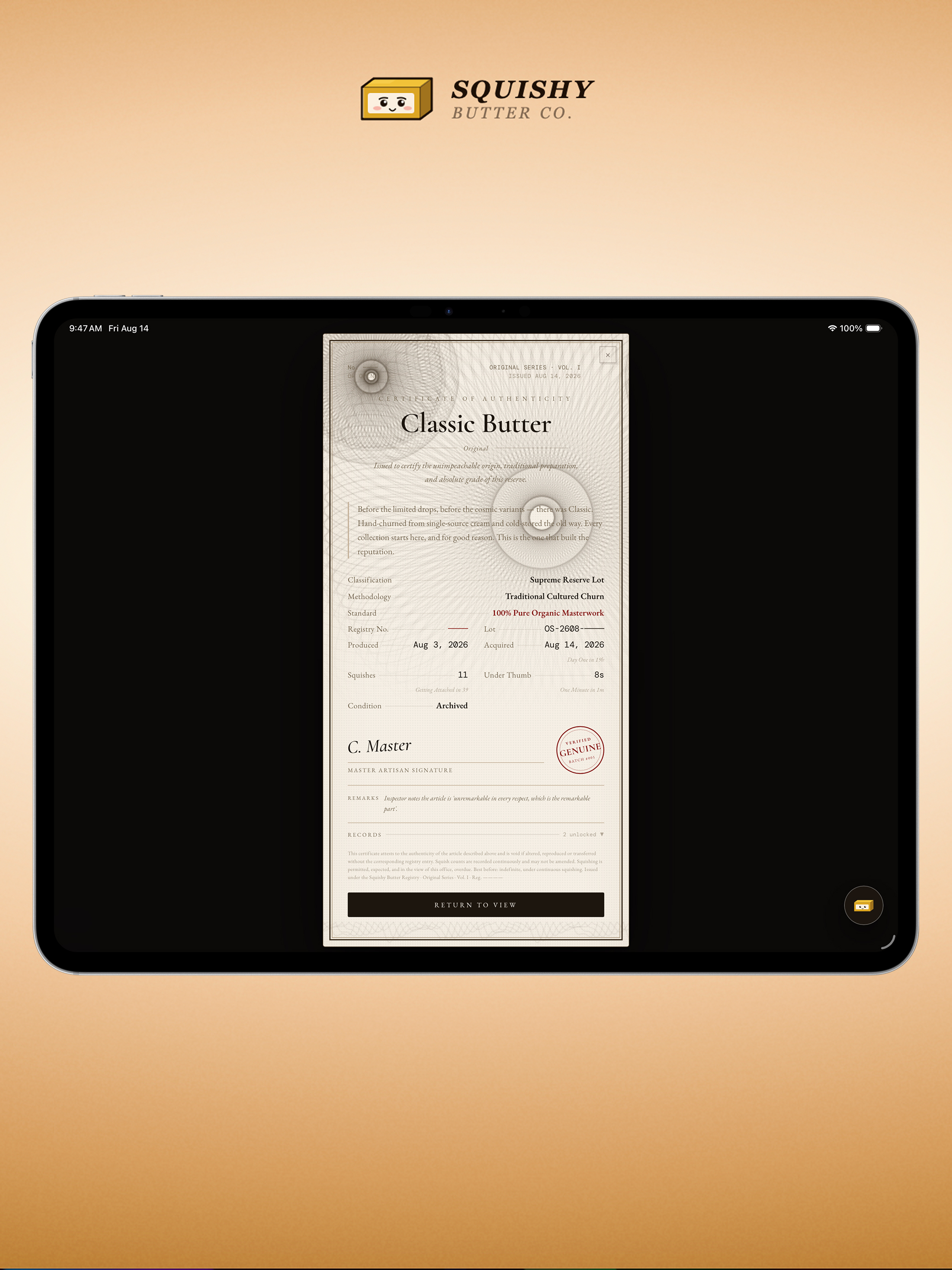 Squishy Butter on iPad - Classic Butter certificate of authenticity with provenance details