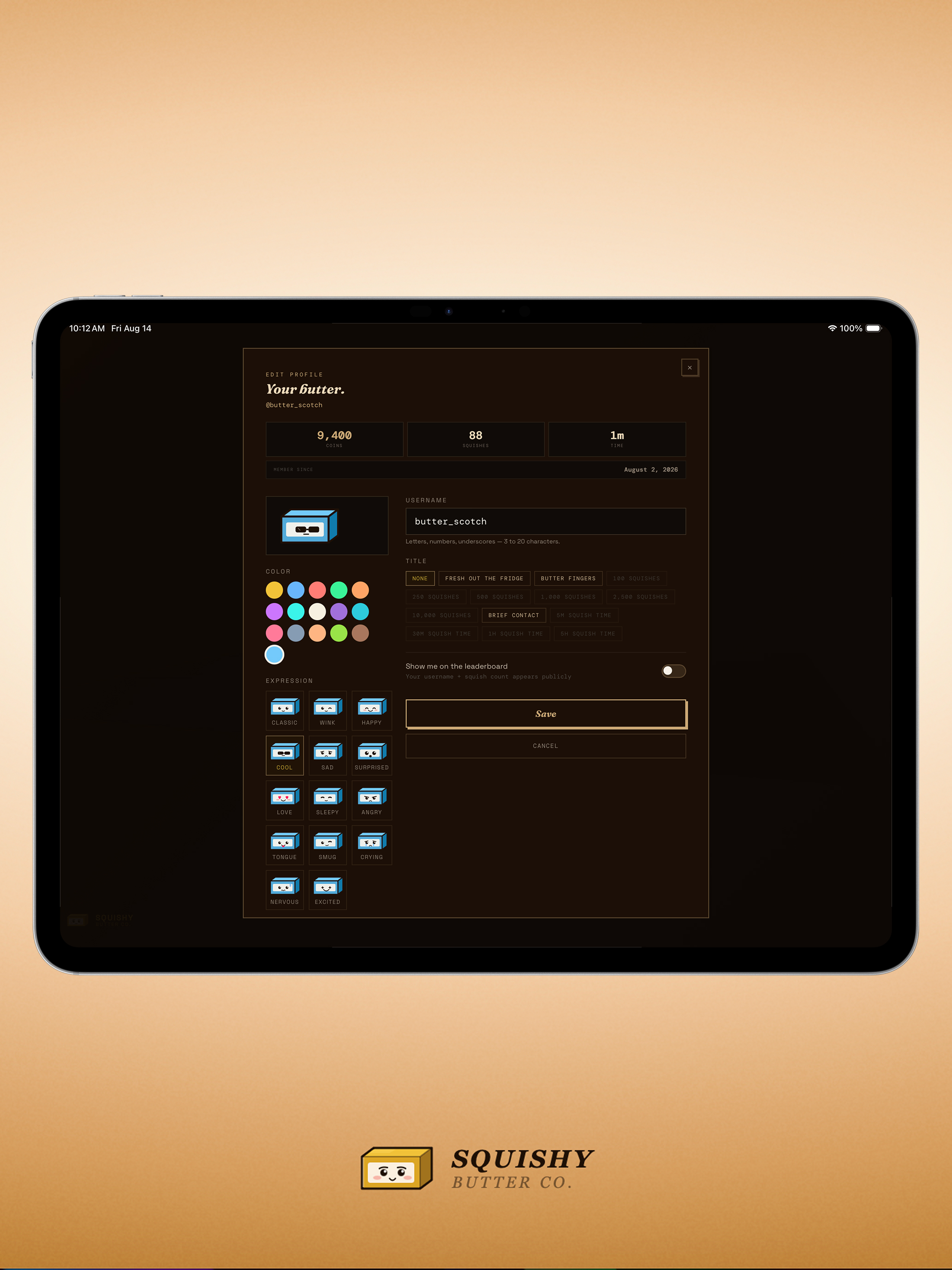 Squishy Butter on iPad - profile editor showing color picker, expressions, and title options