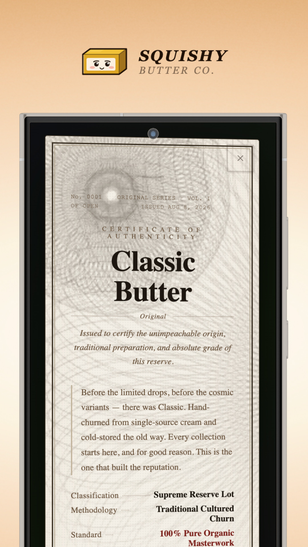 Android Classic Butter certificate of authenticity