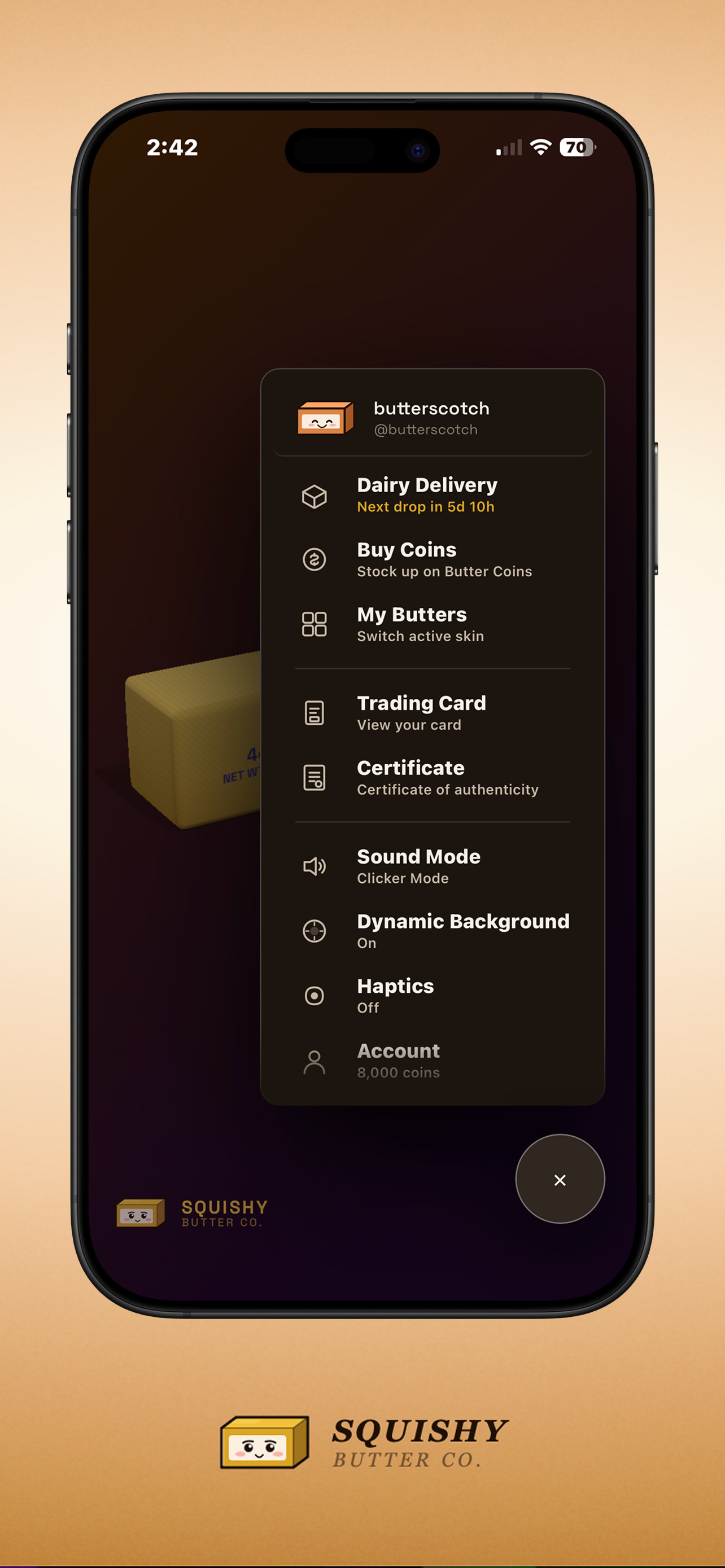 Full menu - Sound Mode, Dynamic Background, Haptics, and Account with coin balance