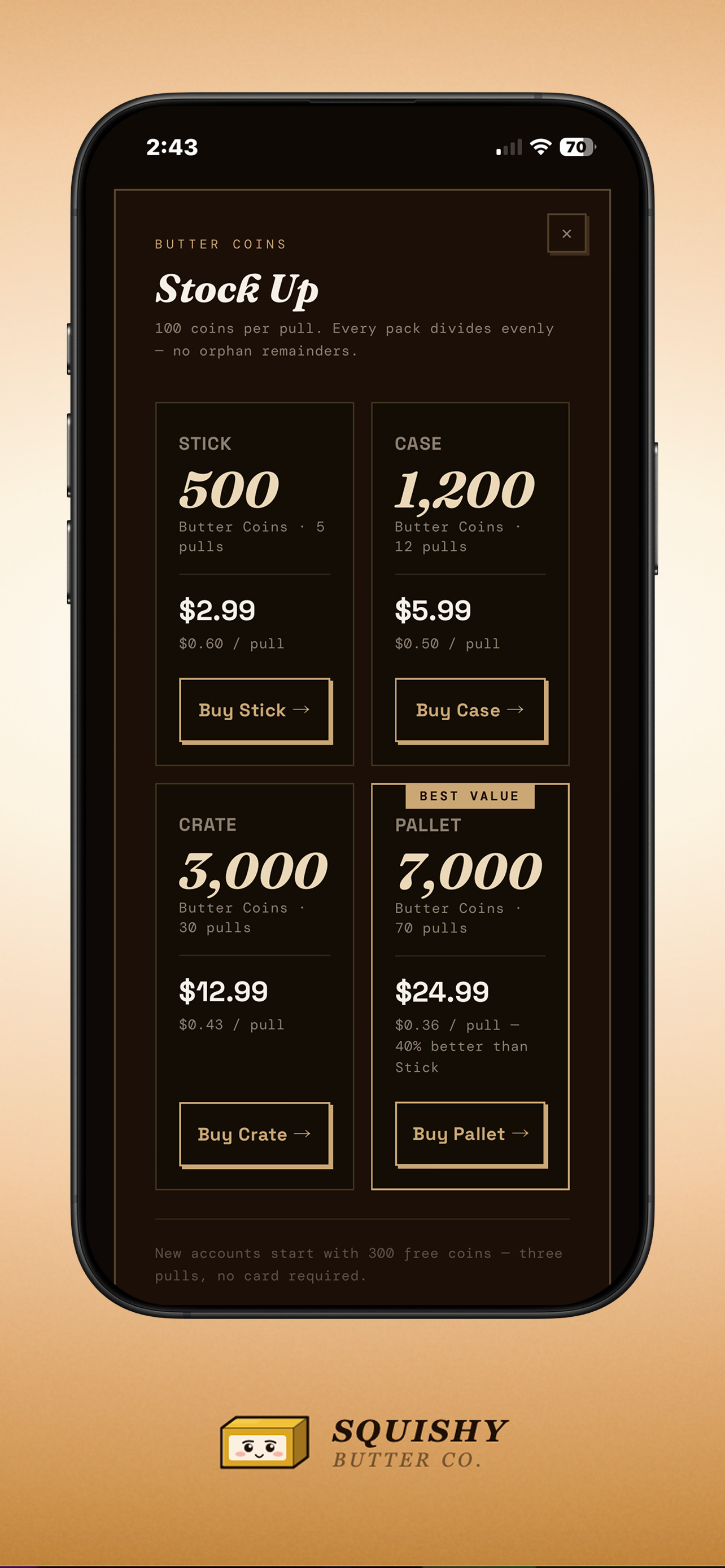 Stock Up - Stick, Case, Crate, and Pallet coin packages