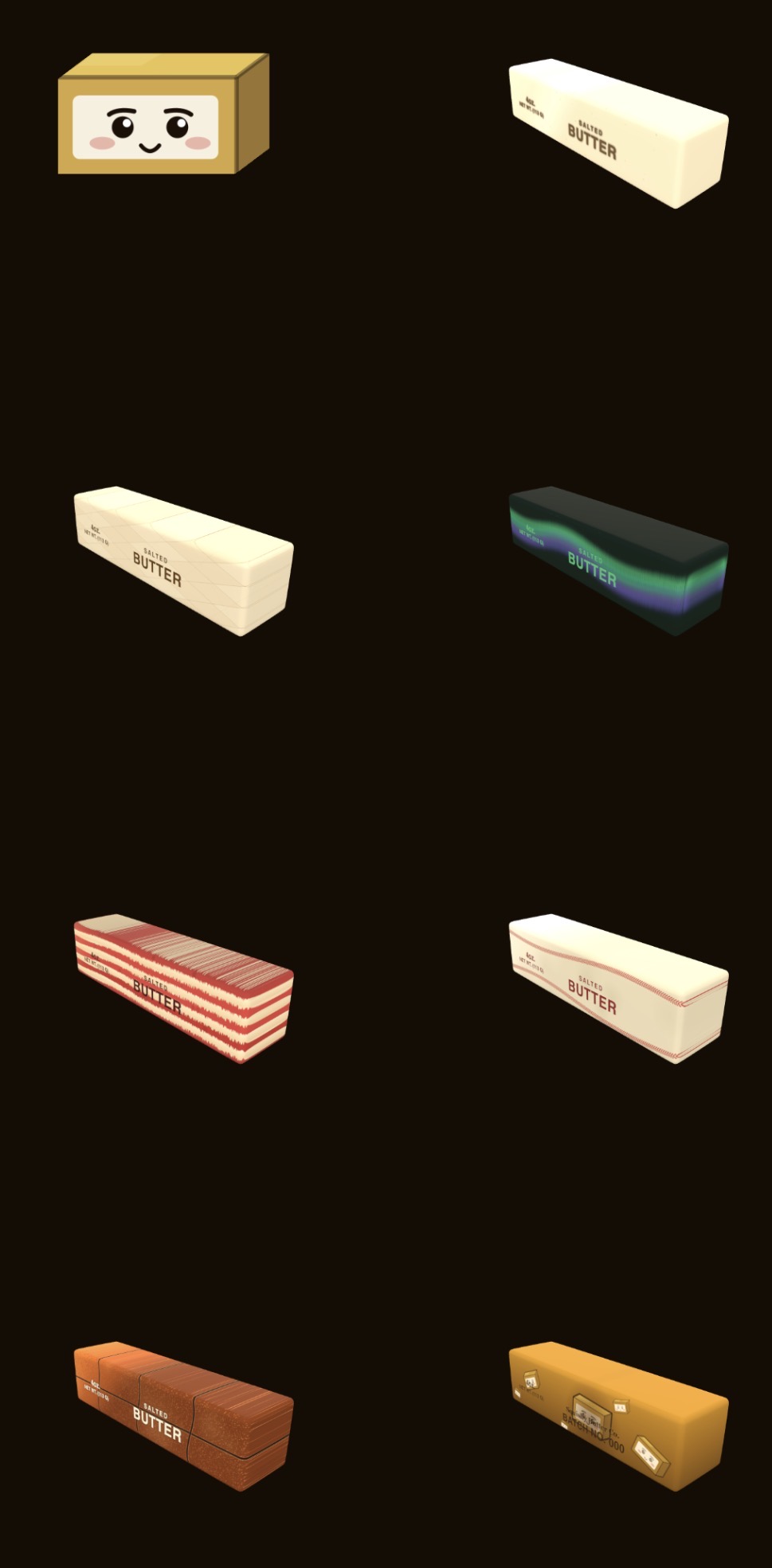 Squishy Butter skin lineup — Classic, Aurora, Striped, Wood, and more