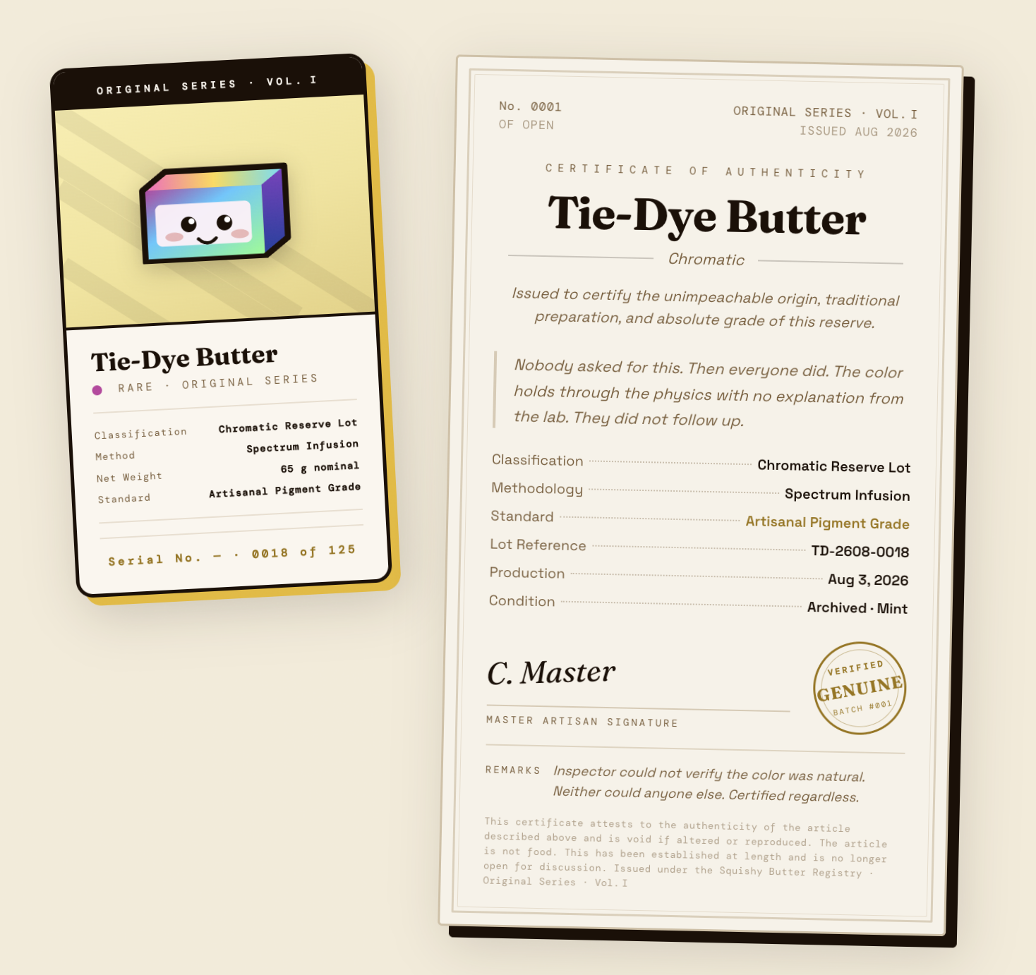 Tie-Dye Butter trading card and certificate of authenticity