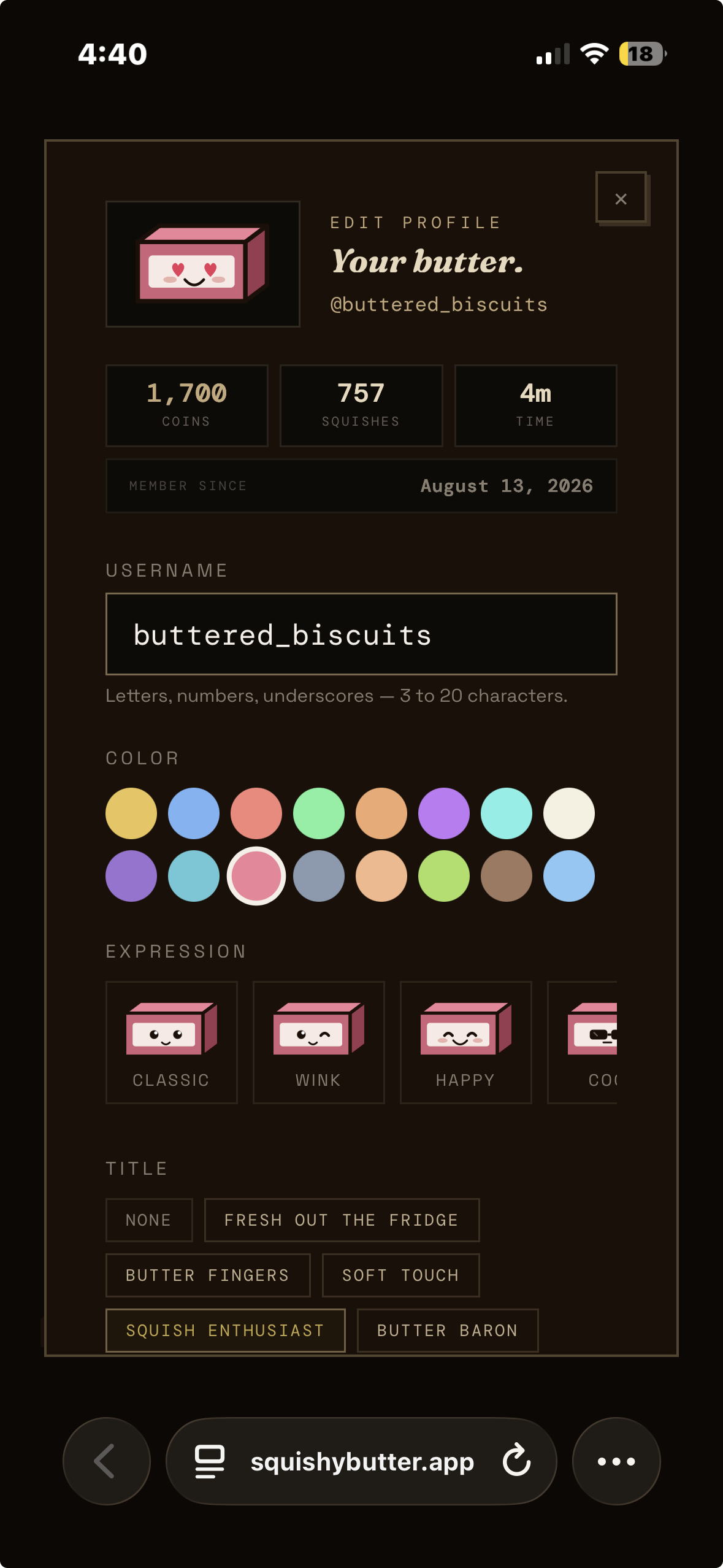 Profile editor - butter color picker, expression selector, and title options