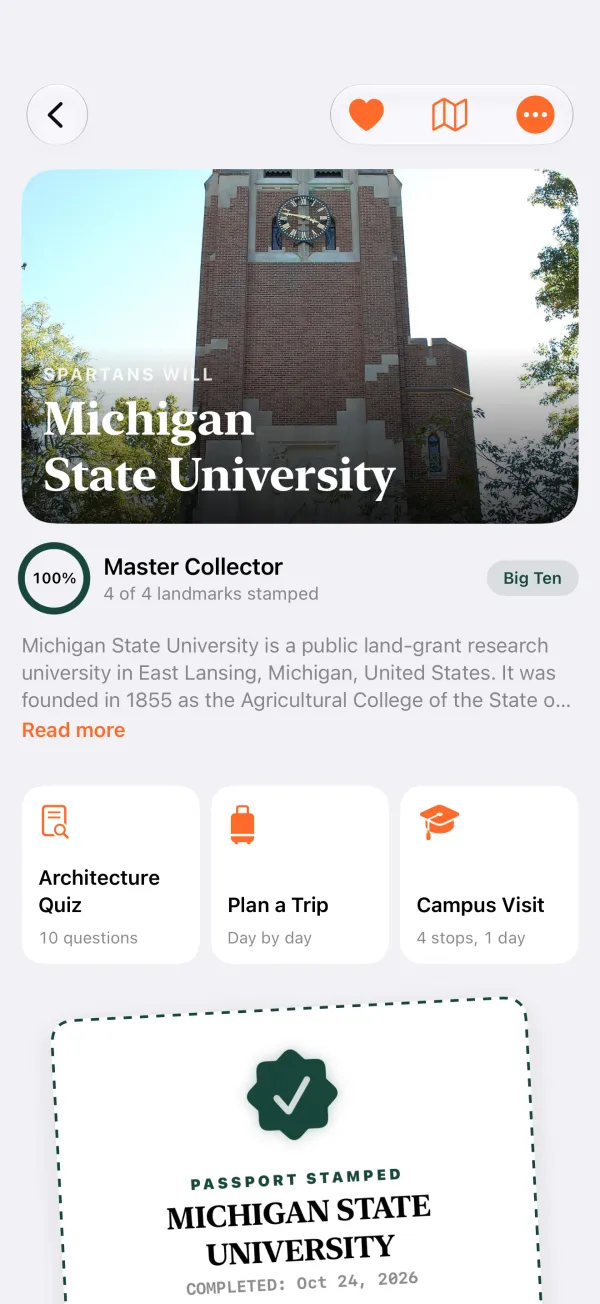 Michigan State University campus page with landmarks stamped, an architecture quiz, Plan a Trip and Campus Visit