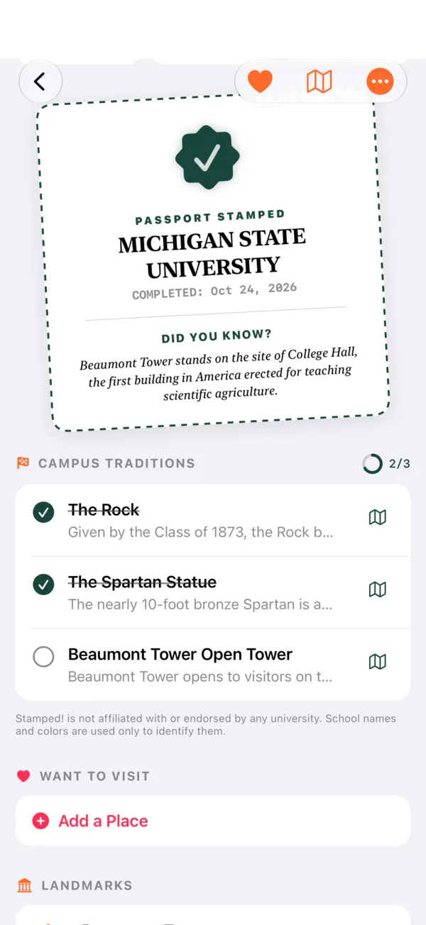 Checkliste der Campus-Traditionen von Michigan State mit zwei abgehakten Traditionen