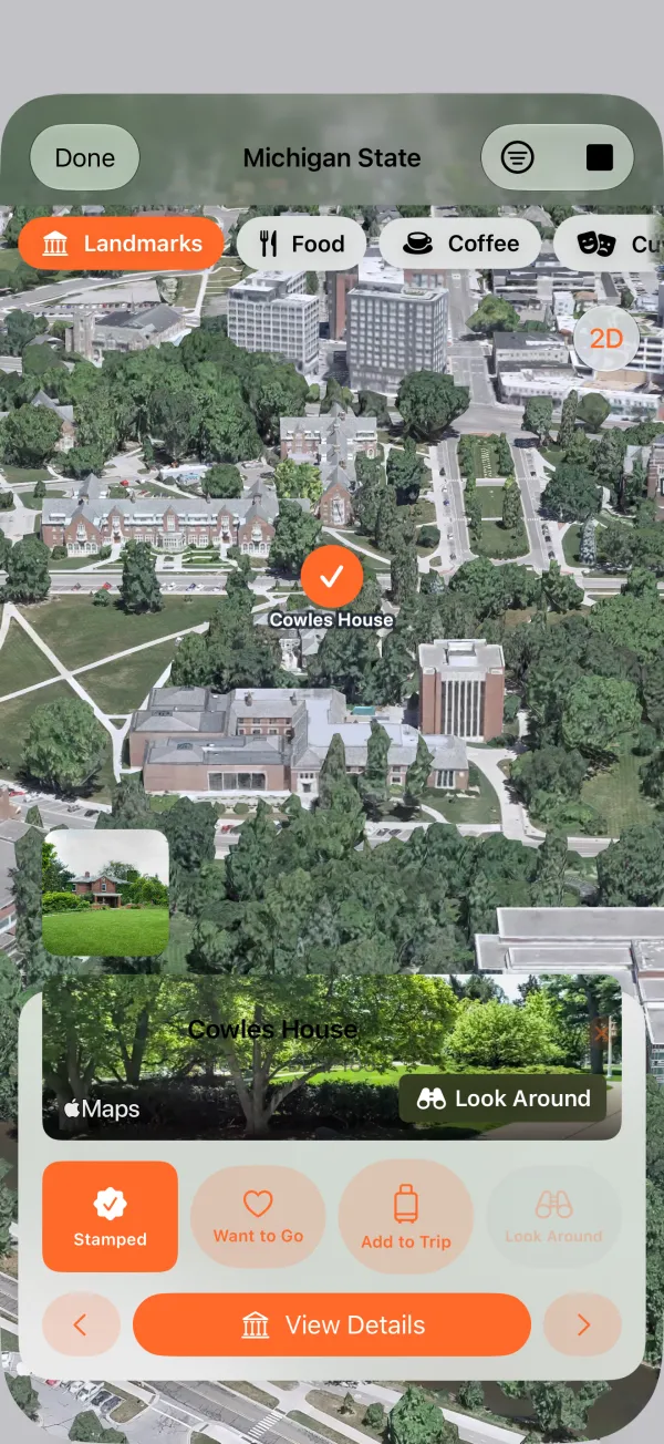 Photoreal 3D map of the Michigan State campus with a landmark card for Cowles House