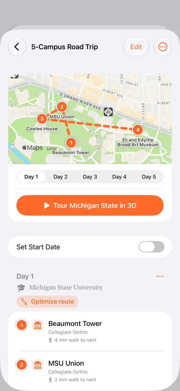 A five-campus road trip on a map with the Michigan State day open and a Tour Michigan State in 3D button
