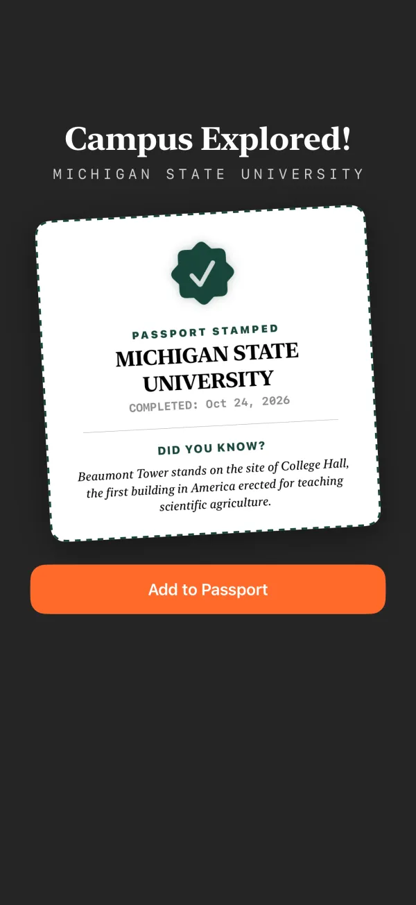 Campus Explored celebration with a Michigan State passport stamp