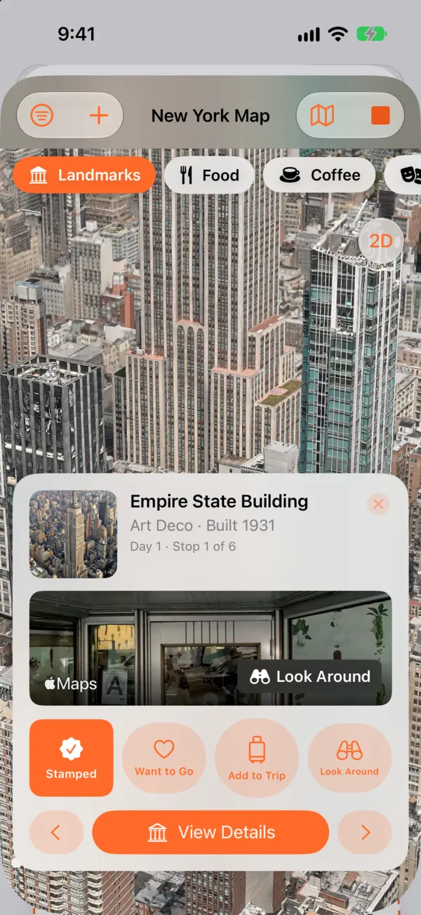 3D-Karte von New York mit einer Karte zum Empire State Building, einer Umsehen-Vorschau und den Tasten Stempeln, Wunschziel und Zur Reise hinzufügen