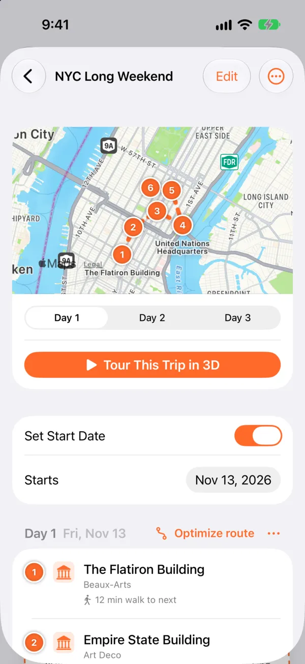 Reise „NYC Long Weekend“ mit Routenkarte, drei Tagen, einer Taste für die 3D-Tour und Stopps am Flatiron und Empire State Building