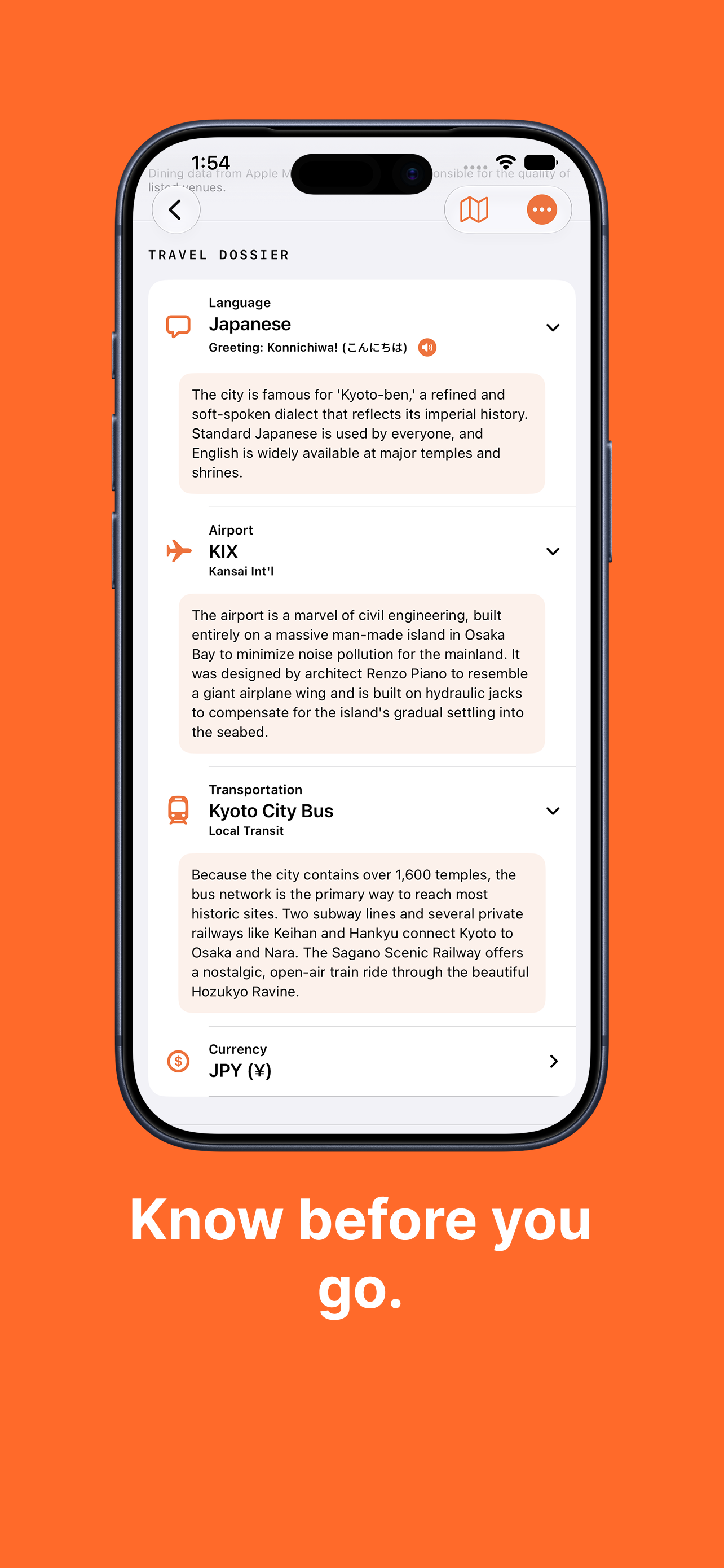 Travel dossier for Kyoto — language, airport, transit, currency