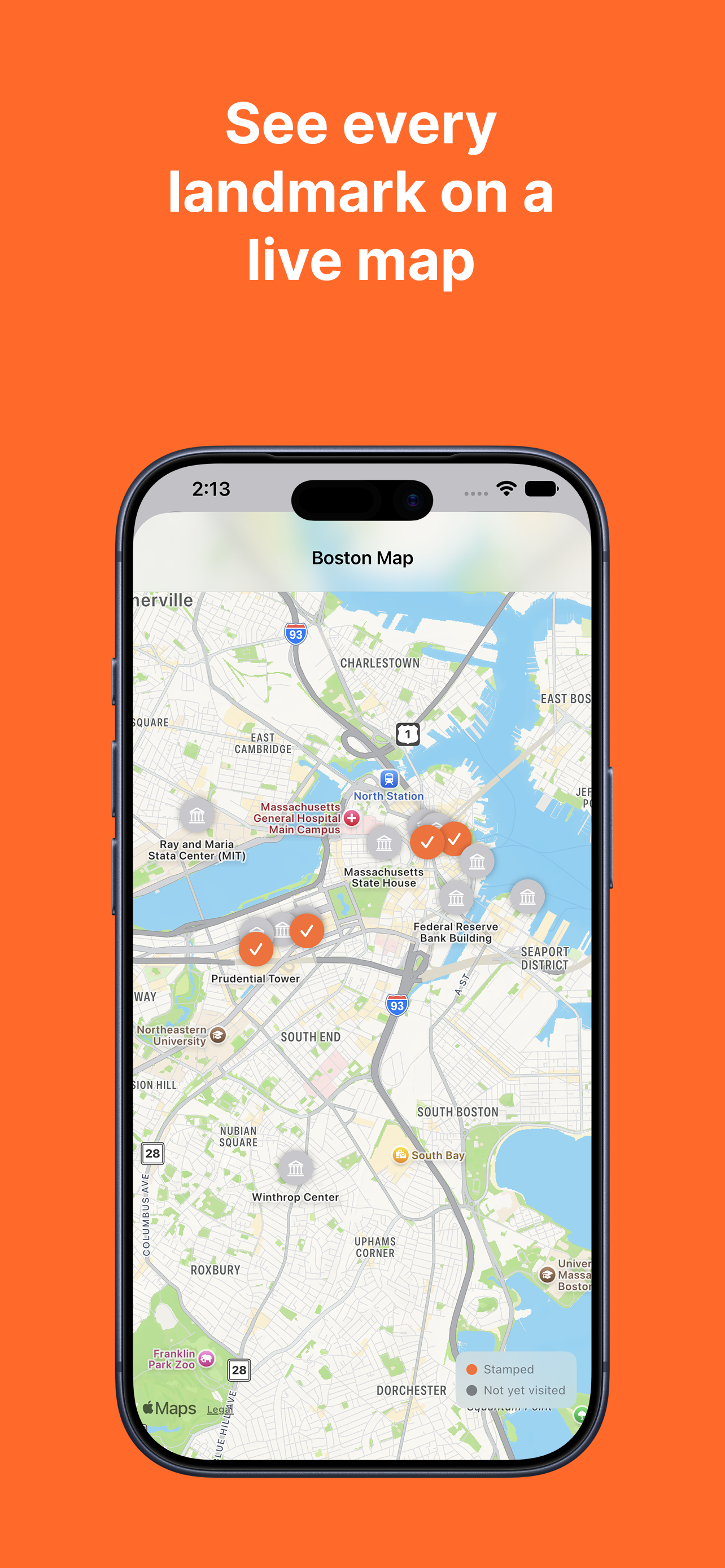 Live MapKit map showing landmark pins for Boston