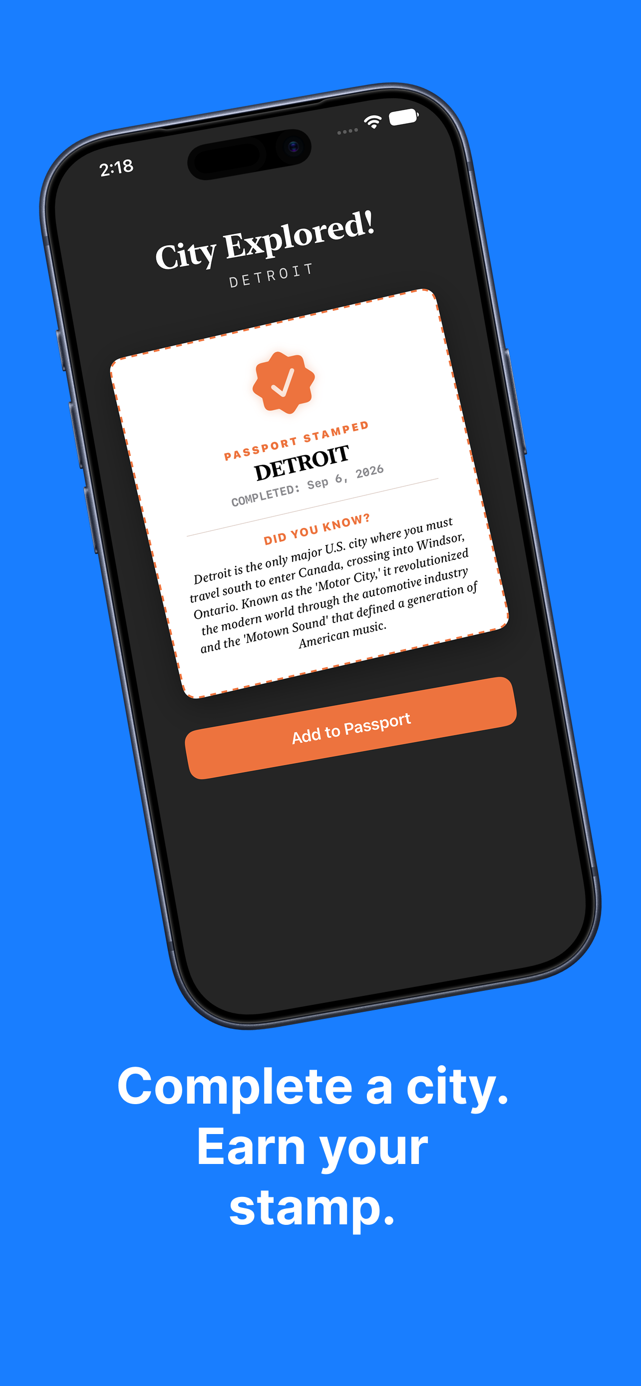 City Explored stamp screen for Detroit — dark mode