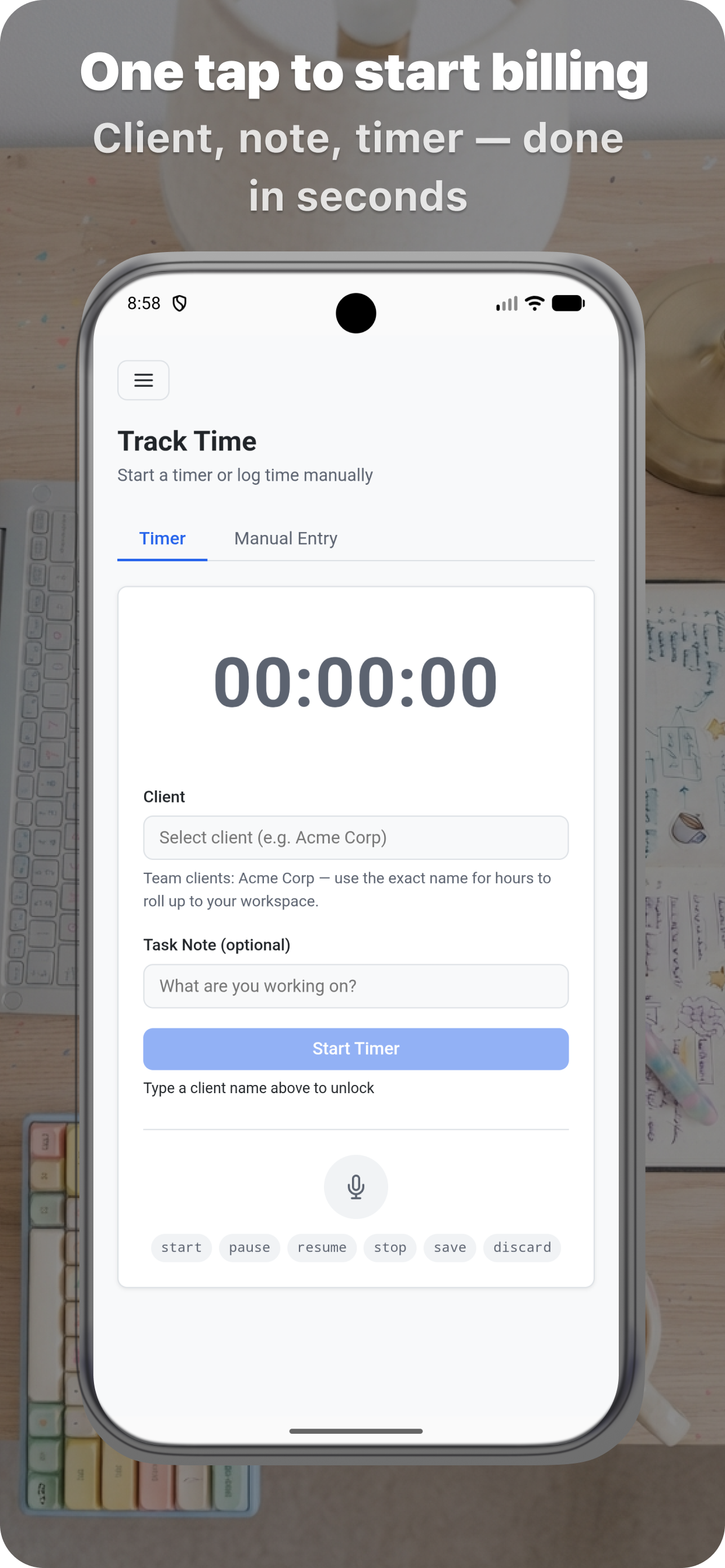 One tap to start billing — client, note, timer done in seconds on Android