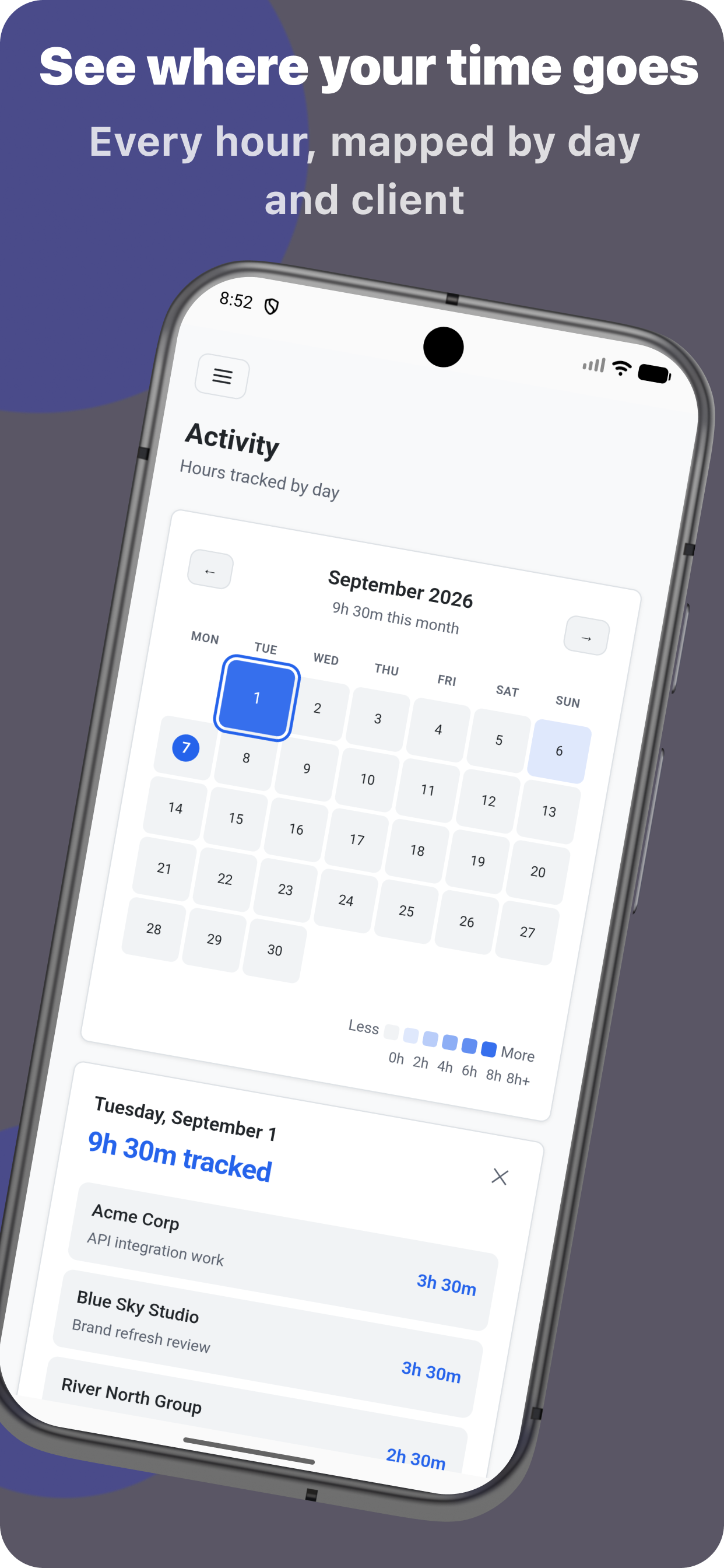 See where your time goes — every hour mapped by day and client on Android