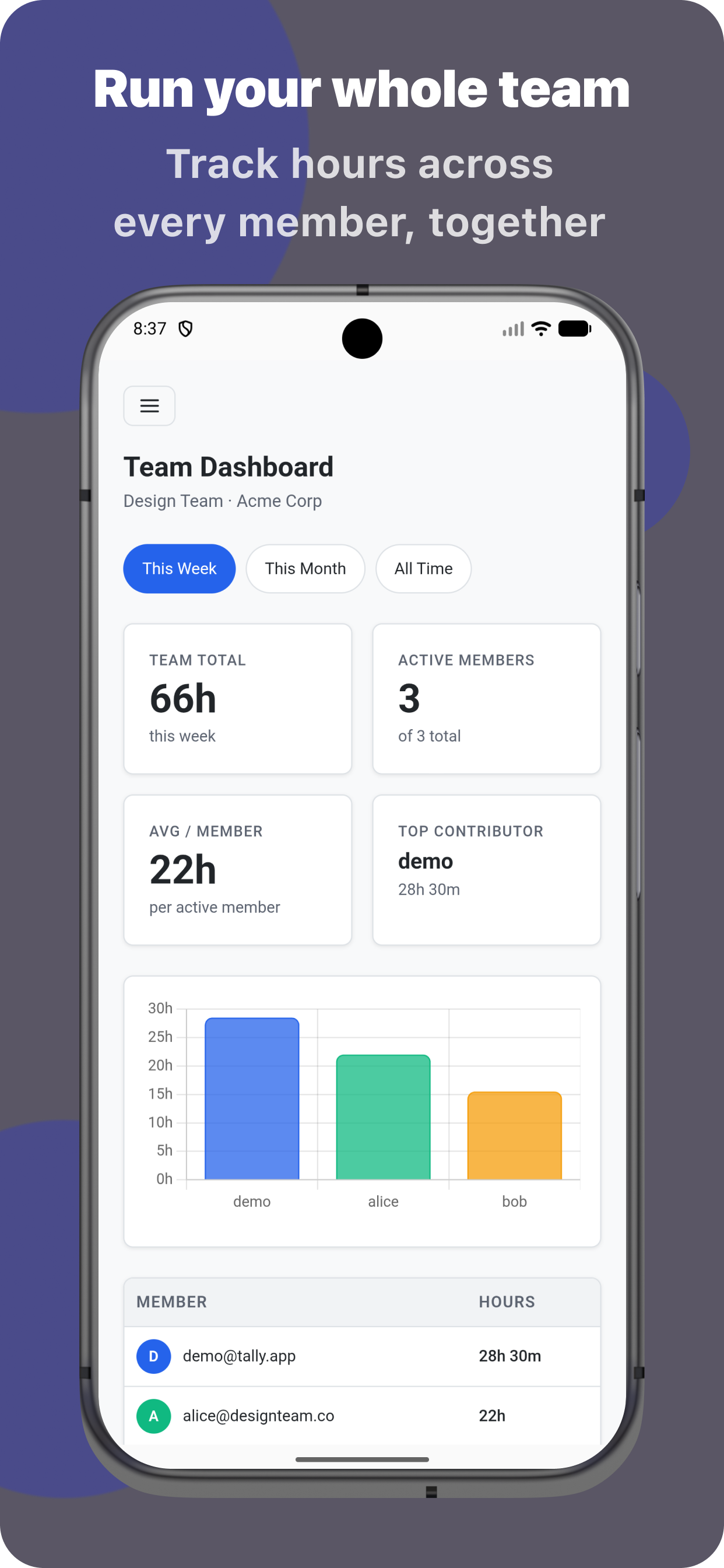 Run your whole team — track hours across every member, together on Android