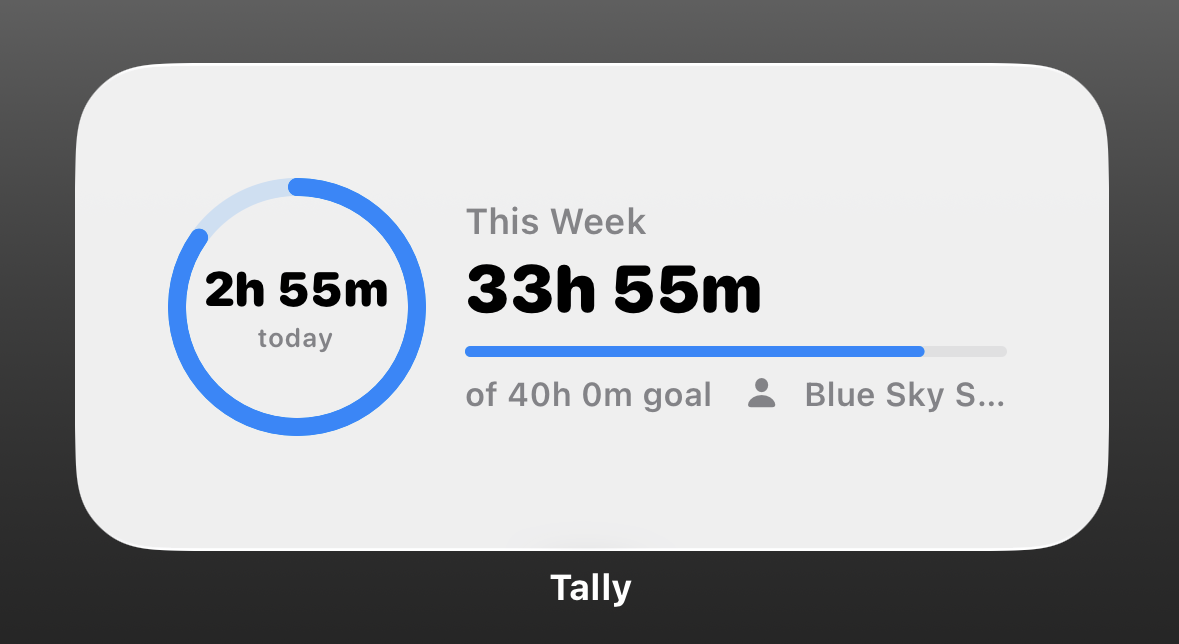 Tally large iOS home screen widget showing weekly hours and goal progress