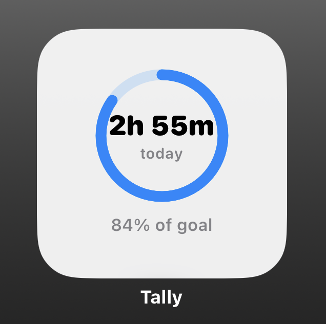 Tally small iOS home screen widget showing start button and goal percentage