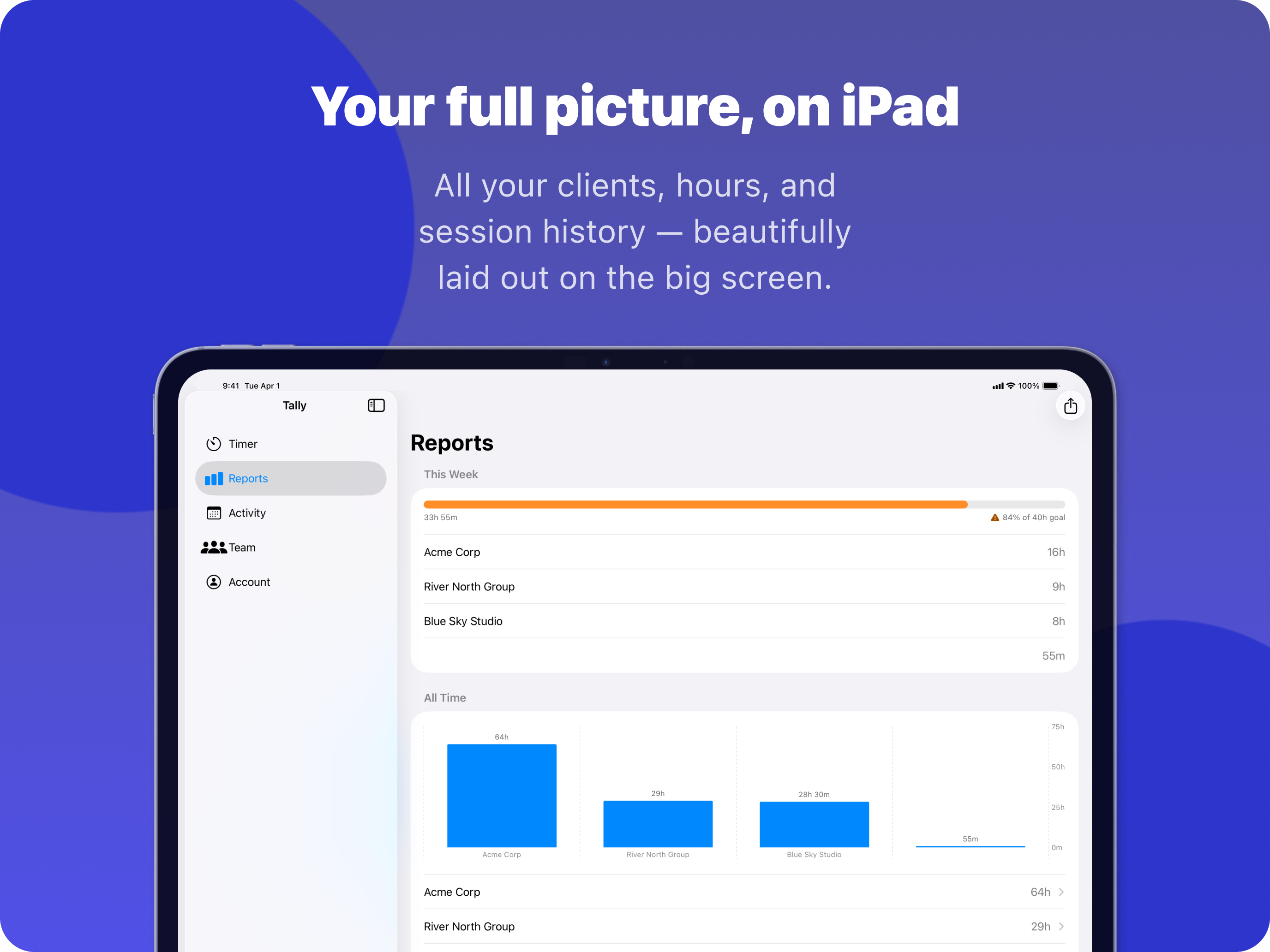 Tally on iPad - sidebar navigation with Reports view showing client hours and charts