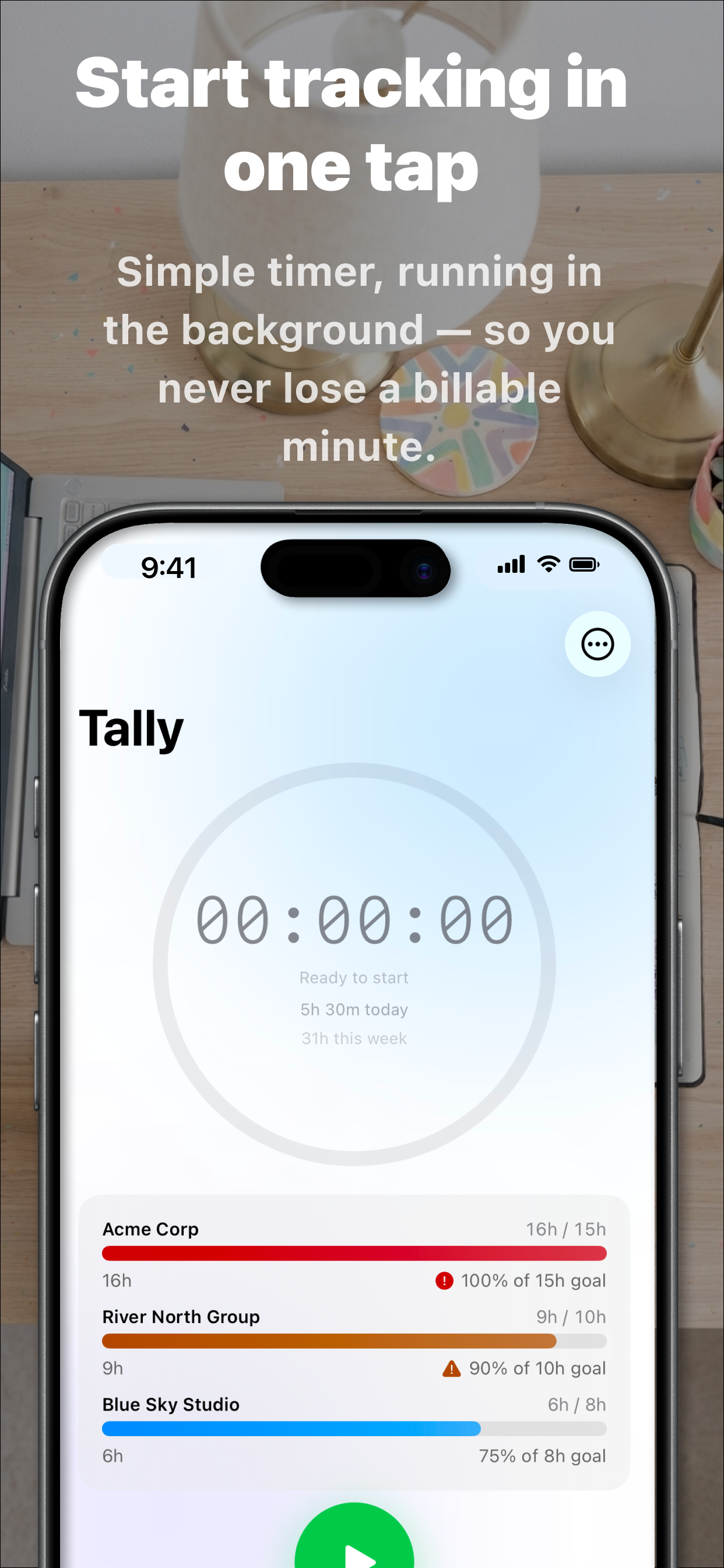 Start tracking in one tap — simple timer running in the background so you never lose a billable minute