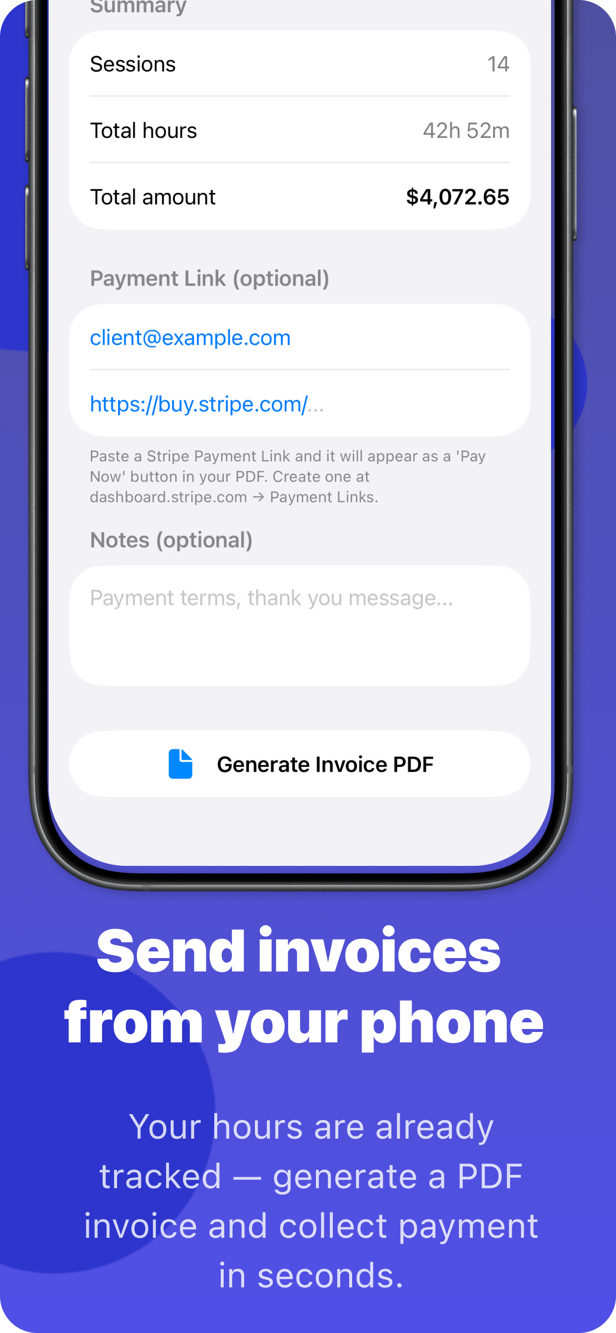 Send invoices from your phone — generate a PDF invoice and collect payment in seconds