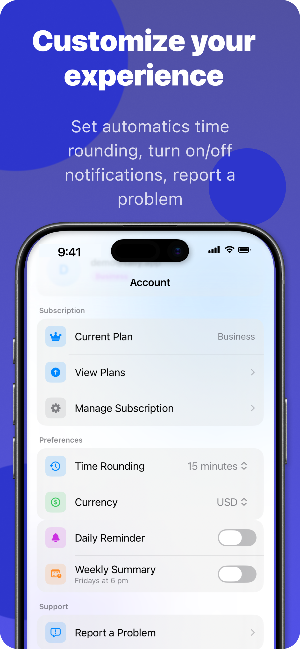 Customize your experience — set time rounding, notifications, currency, and more