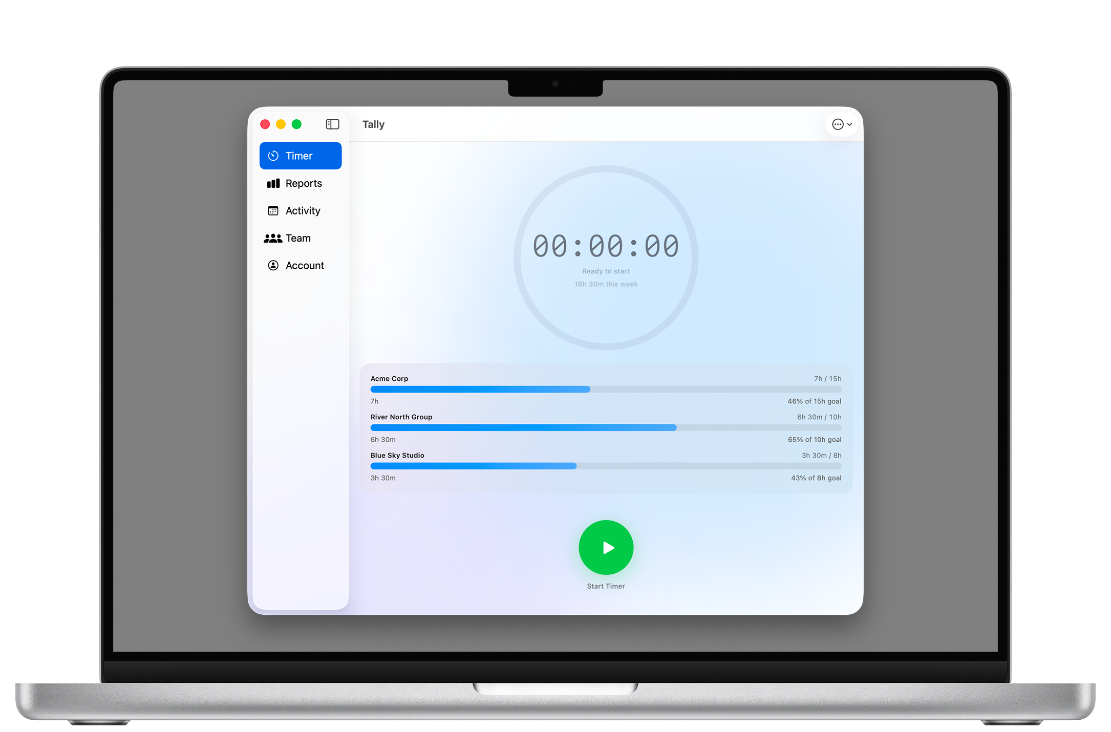 Tally running on macOS — native Mac app with sidebar navigation, client list, and live timer