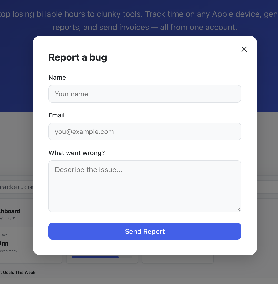 Tally bug report modal with name, email and message fields