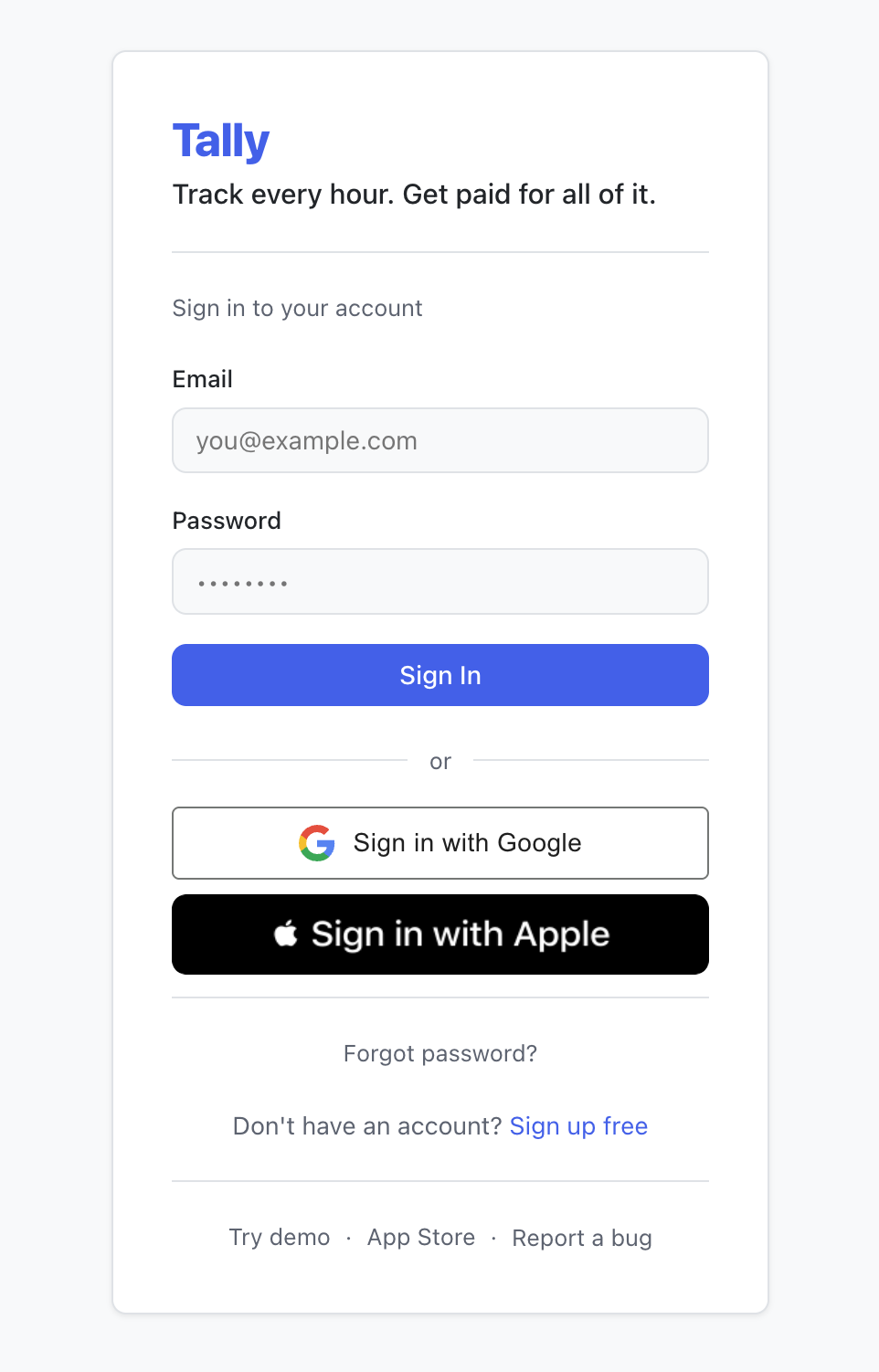 Tally web login showing Sign in with Google and Sign in with Apple buttons