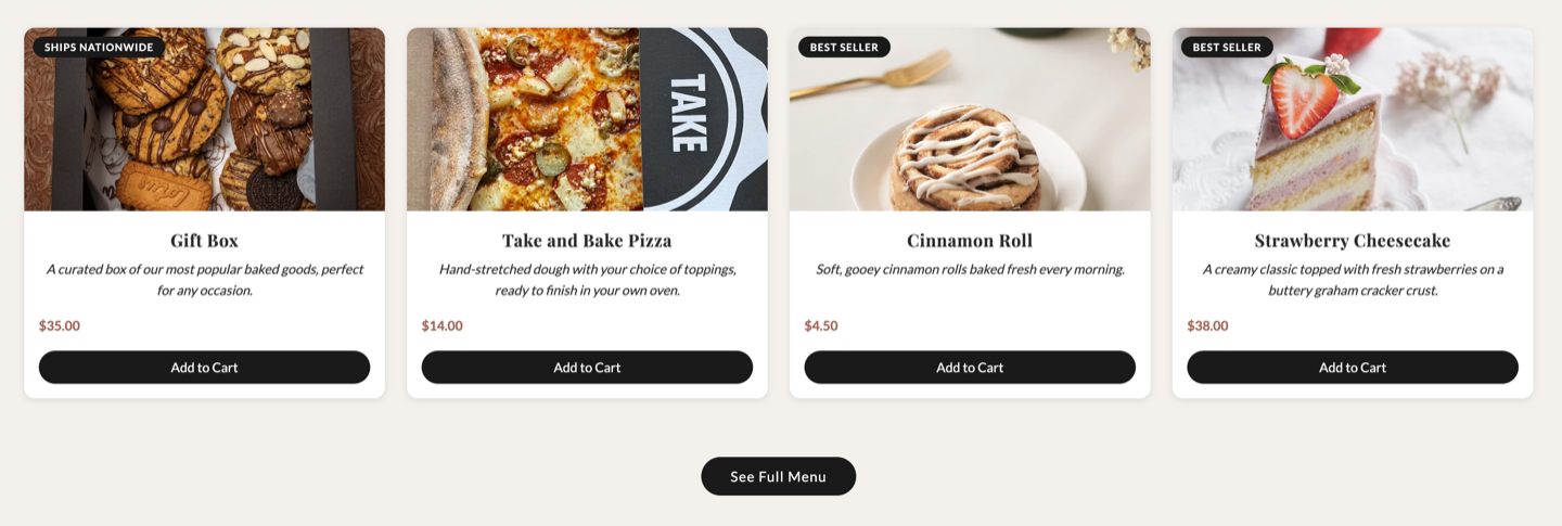 Item badges — Best Seller, New, Staff Pick set in admin