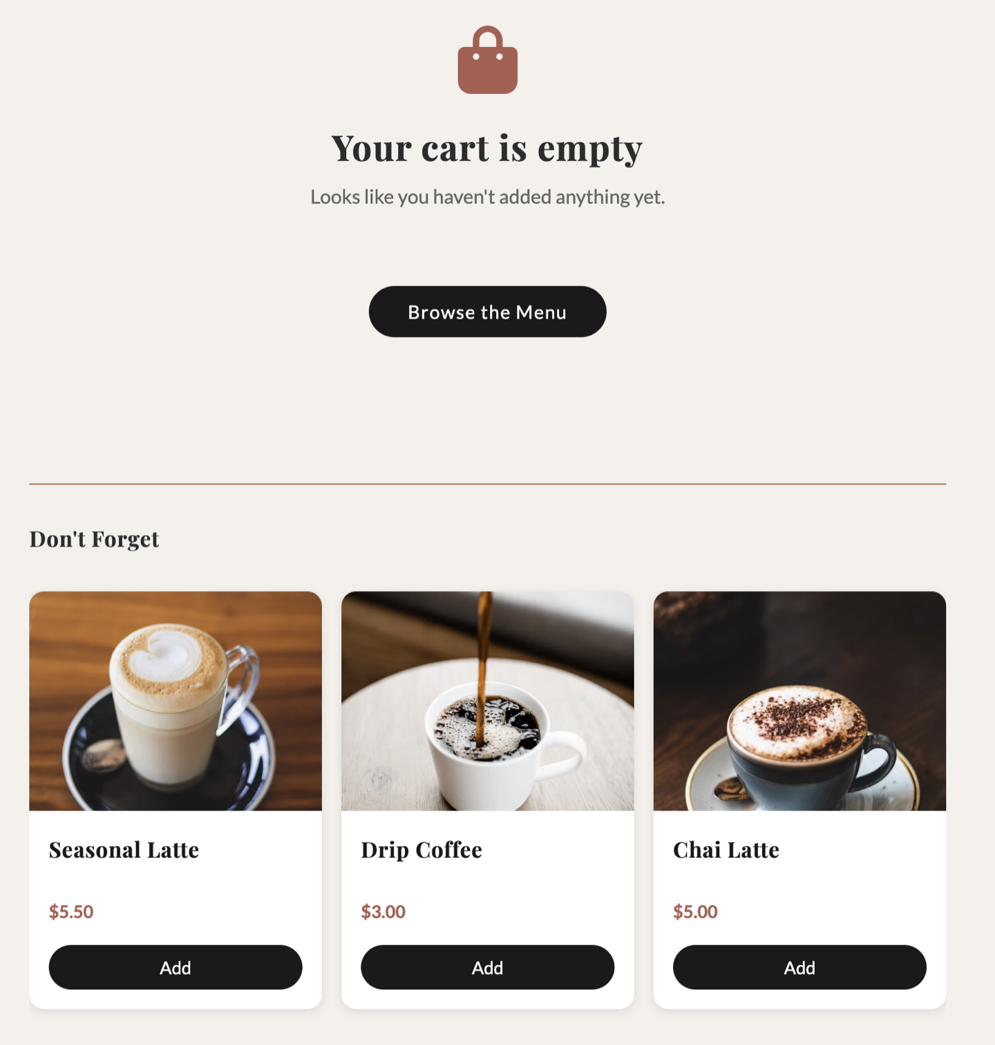 Empty cart state with item recommendations