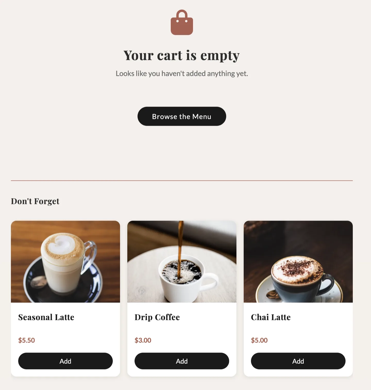Empty cart state with item recommendations