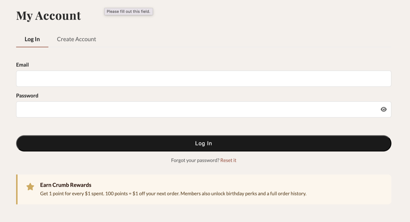 Create account page with loyalty program incentive
