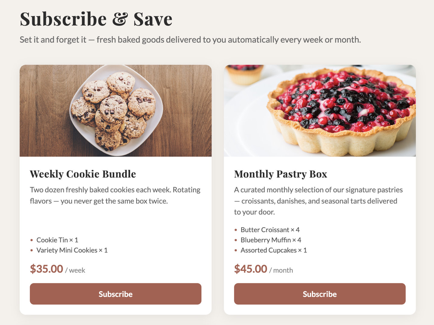 Subscription options — weekly or monthly, fully admin-controlled