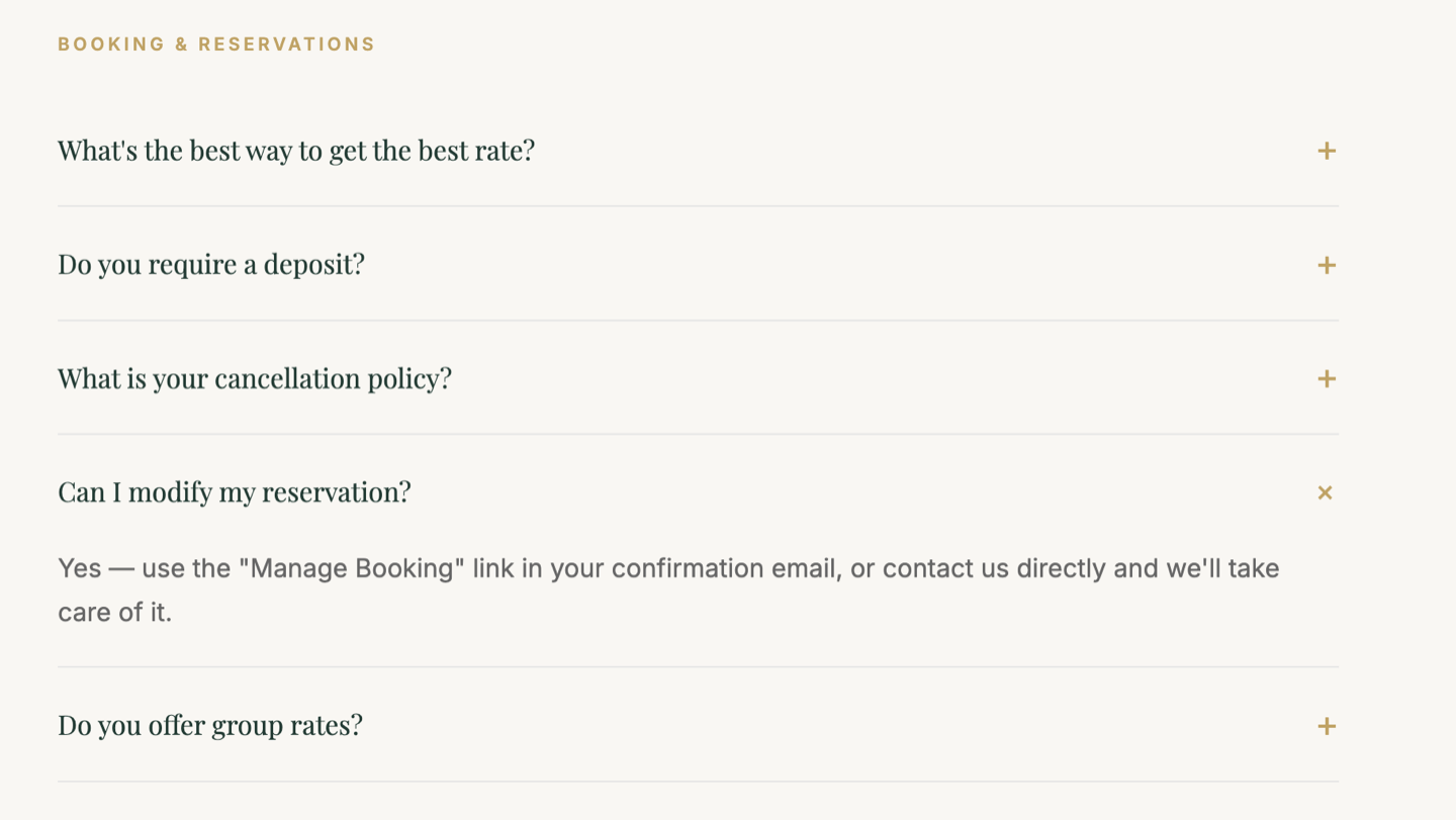 FAQ - Booking, Arrival, and Food sections