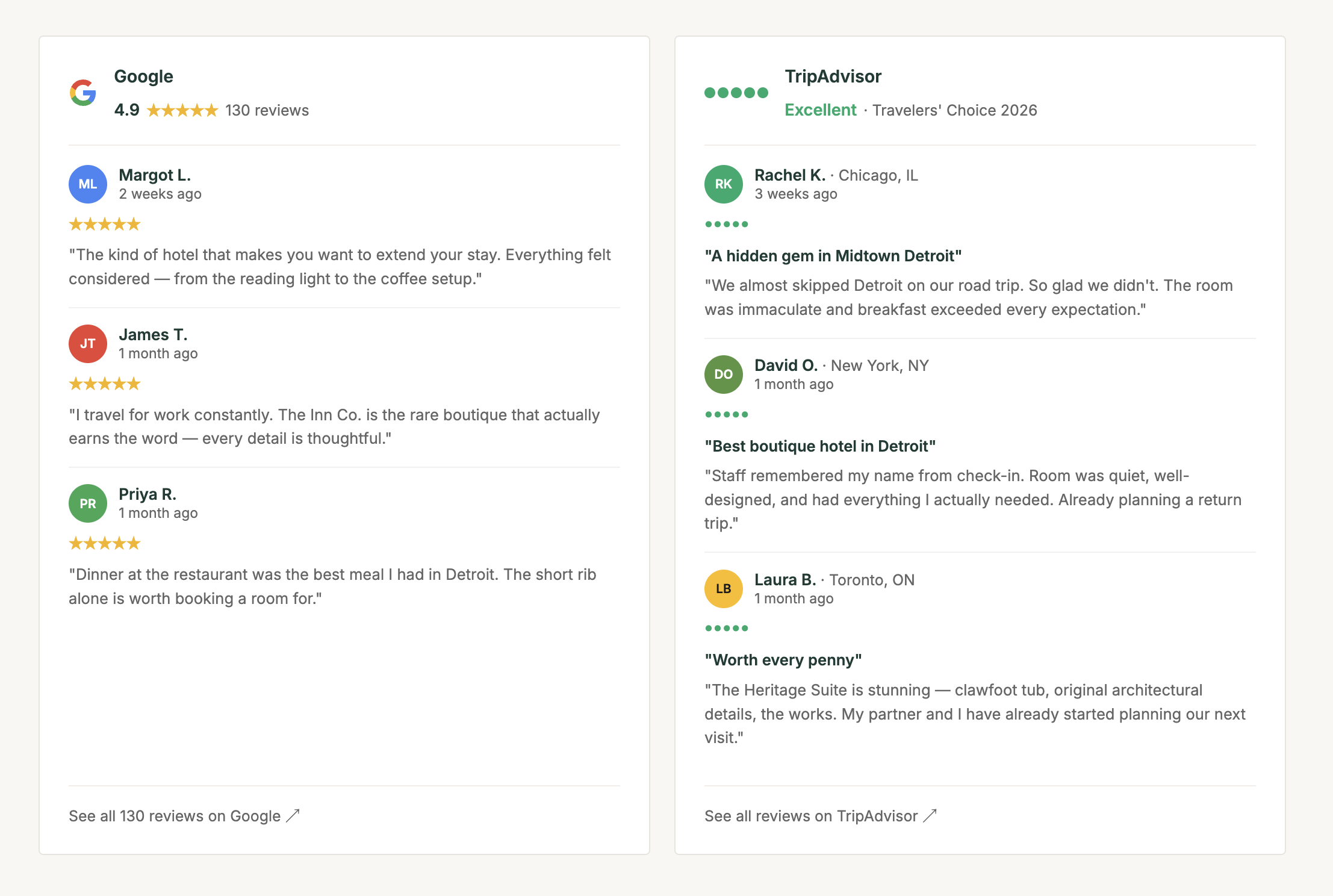 Google and TripAdvisor review widgets on the homepage