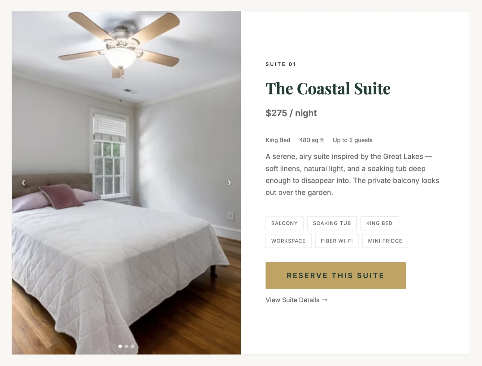 Room listings - individual suite pages with photos and booking