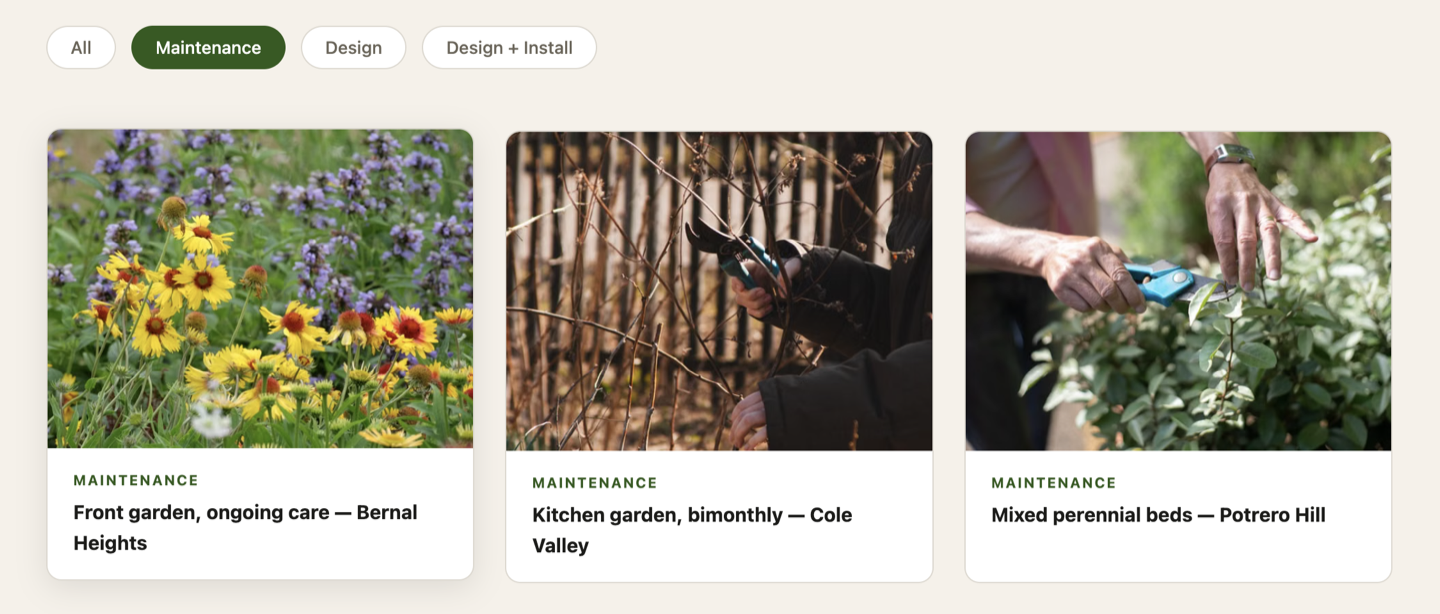 Portfolio page — 9 projects with filter by service type