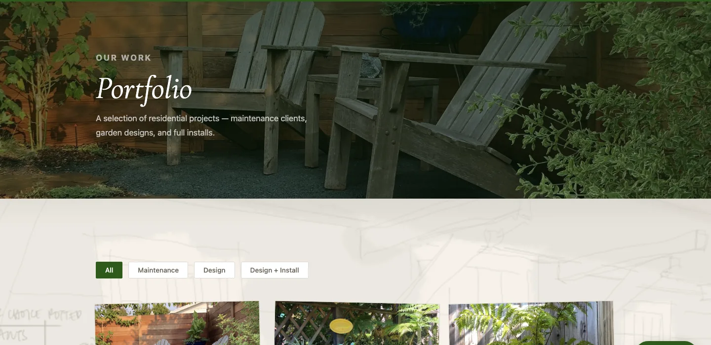 Portfolio page - 10 projects with filter by service type